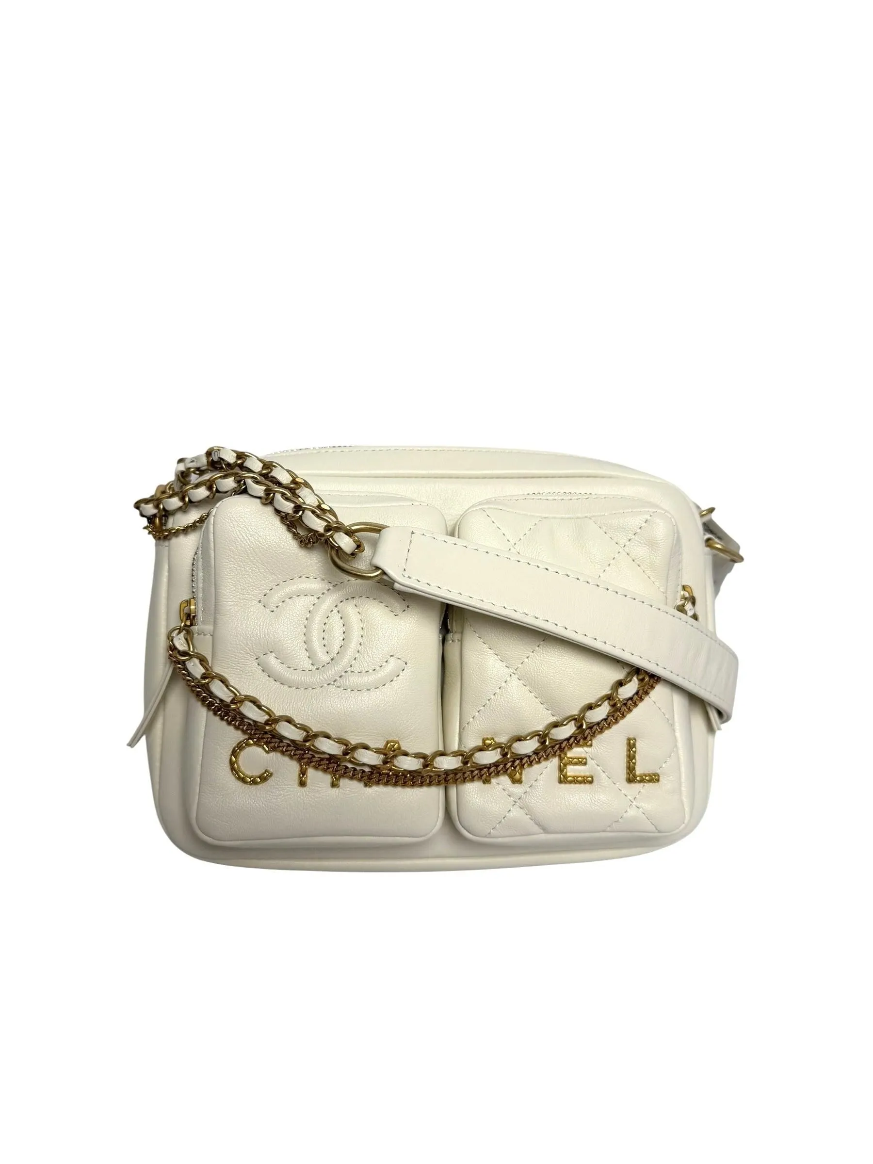 Chanel White Calfskin Twin Pocket Camera Bag