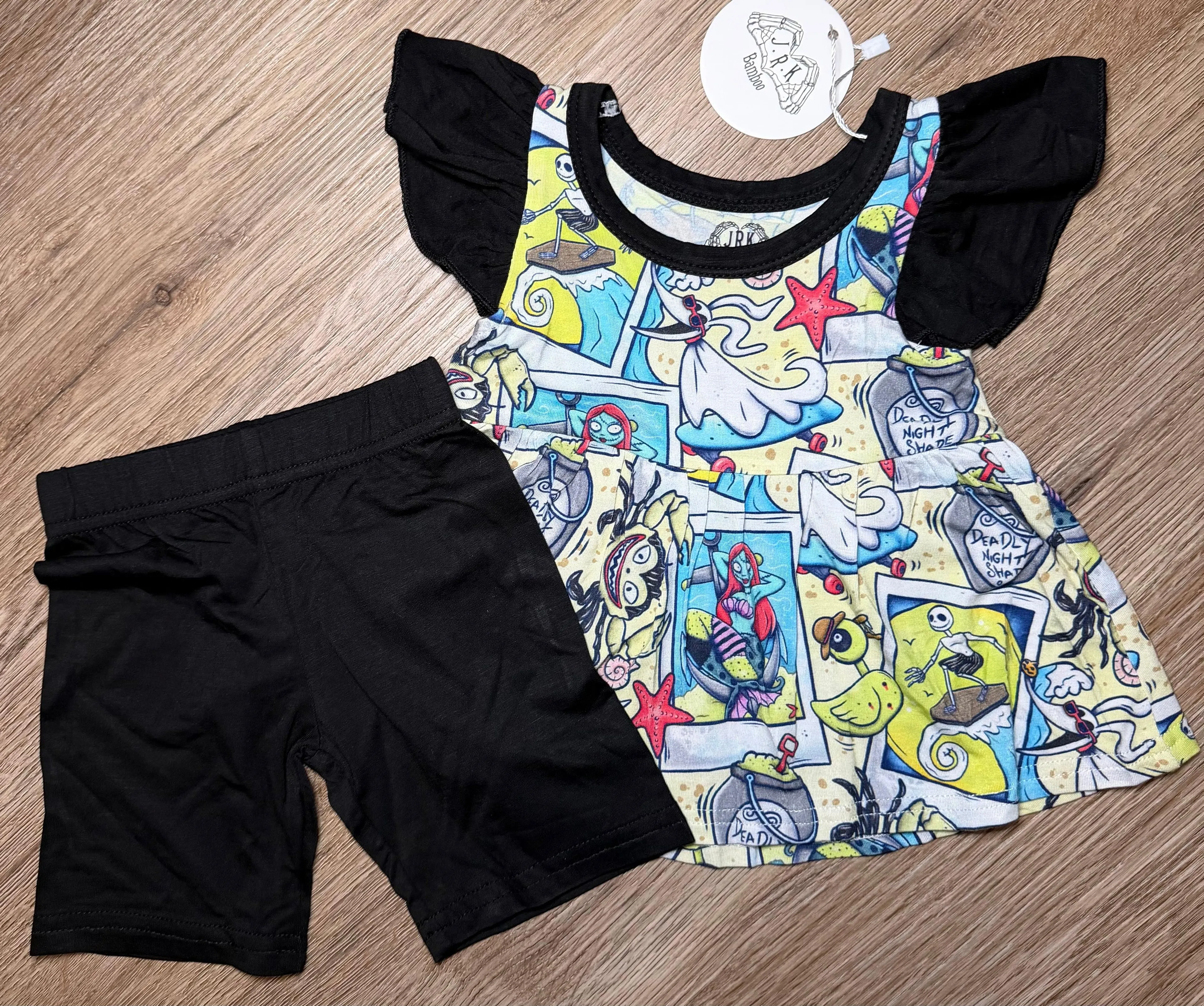 Nightmare Before the Beach - Flutter sleeve peplum and biker short set