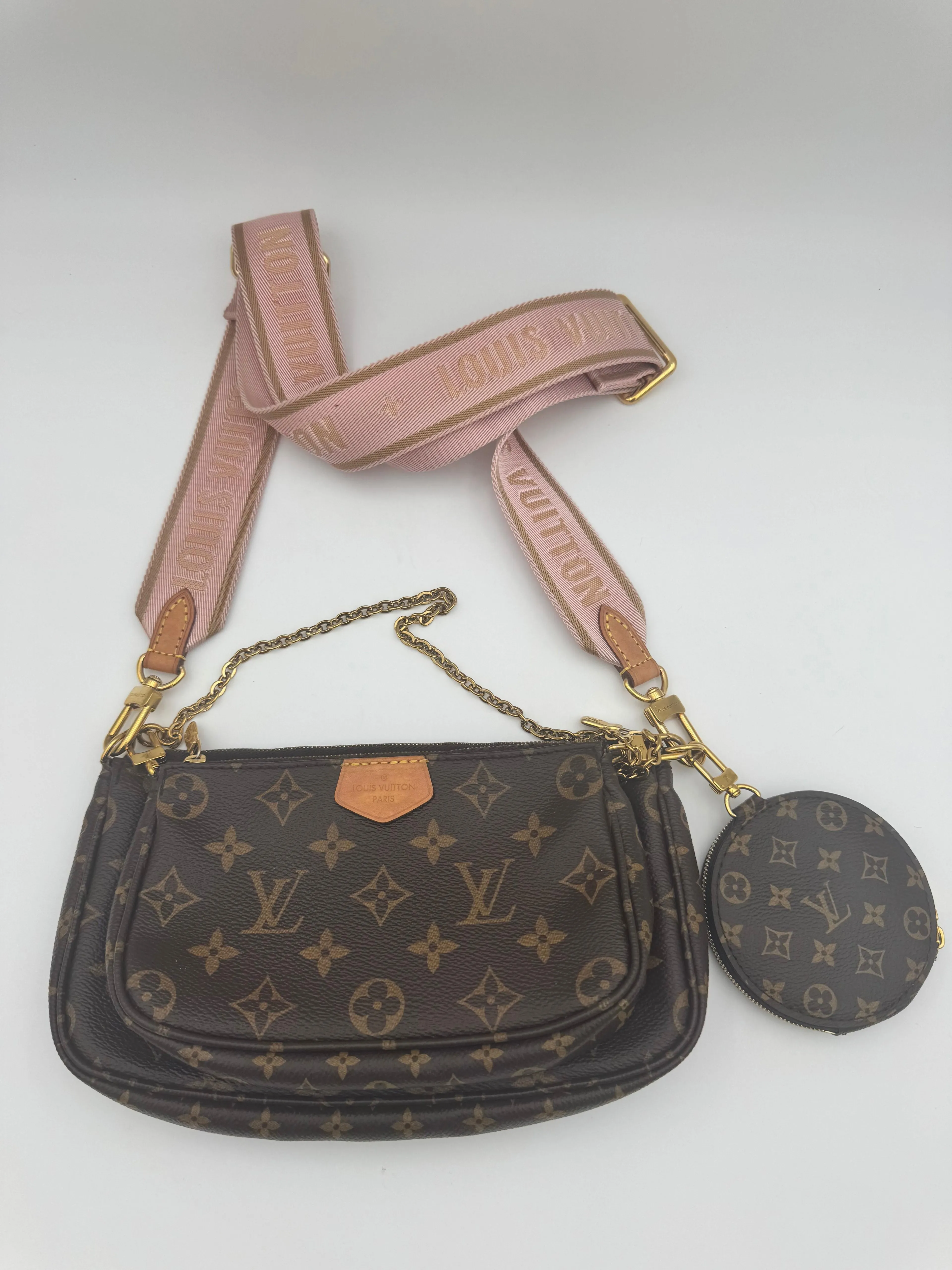 Louis Vuitton Multi Pochette Accessoires – Monogram Canvas & Rose Pink Strap with Coin Purse | Authentic LV
