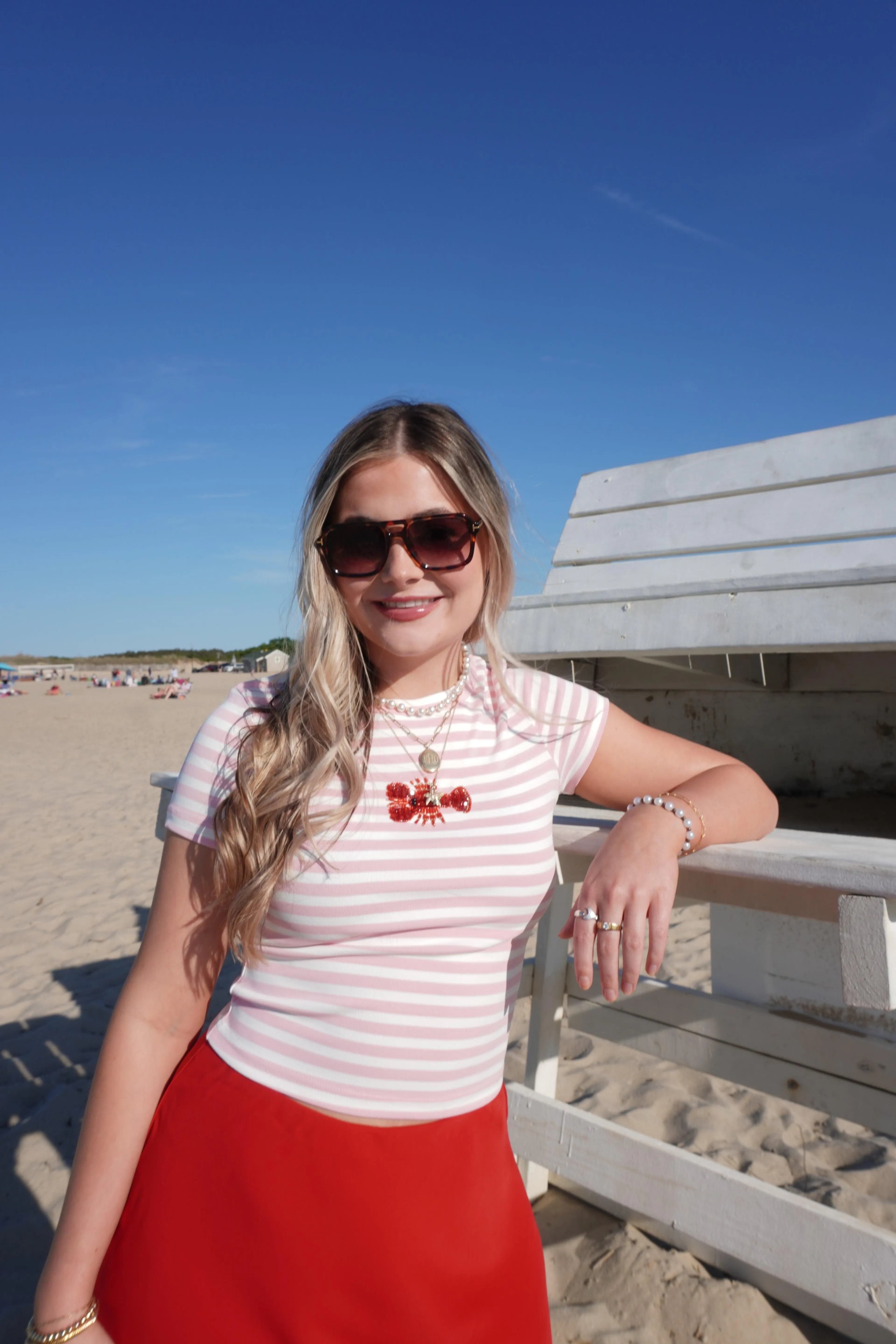 Pink Striped Beaded Lobster Tee