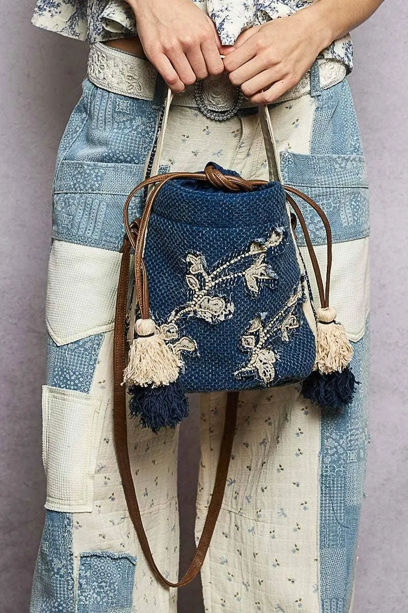Butterfly Embroidered Textured Crossbody Bag