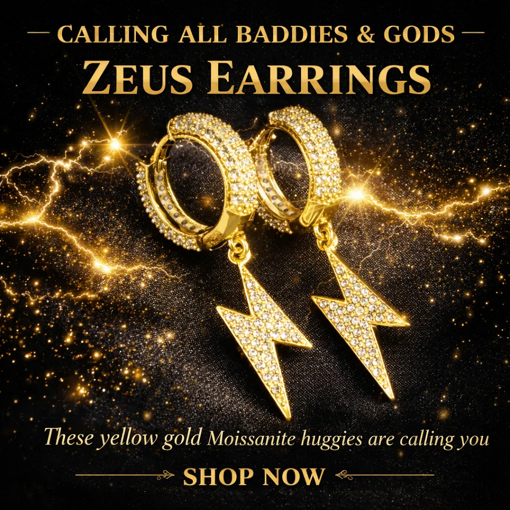 Calling All Baddies or Gods — Zeus Gold Huggie Hoops with Moissanite