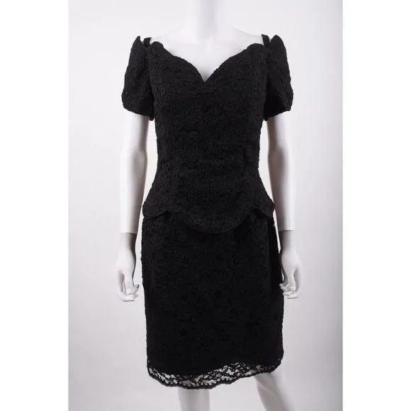 Vintage 80s Jessica Mcclintock Dress Black Lace Off Shoulder Cocktail Evening1