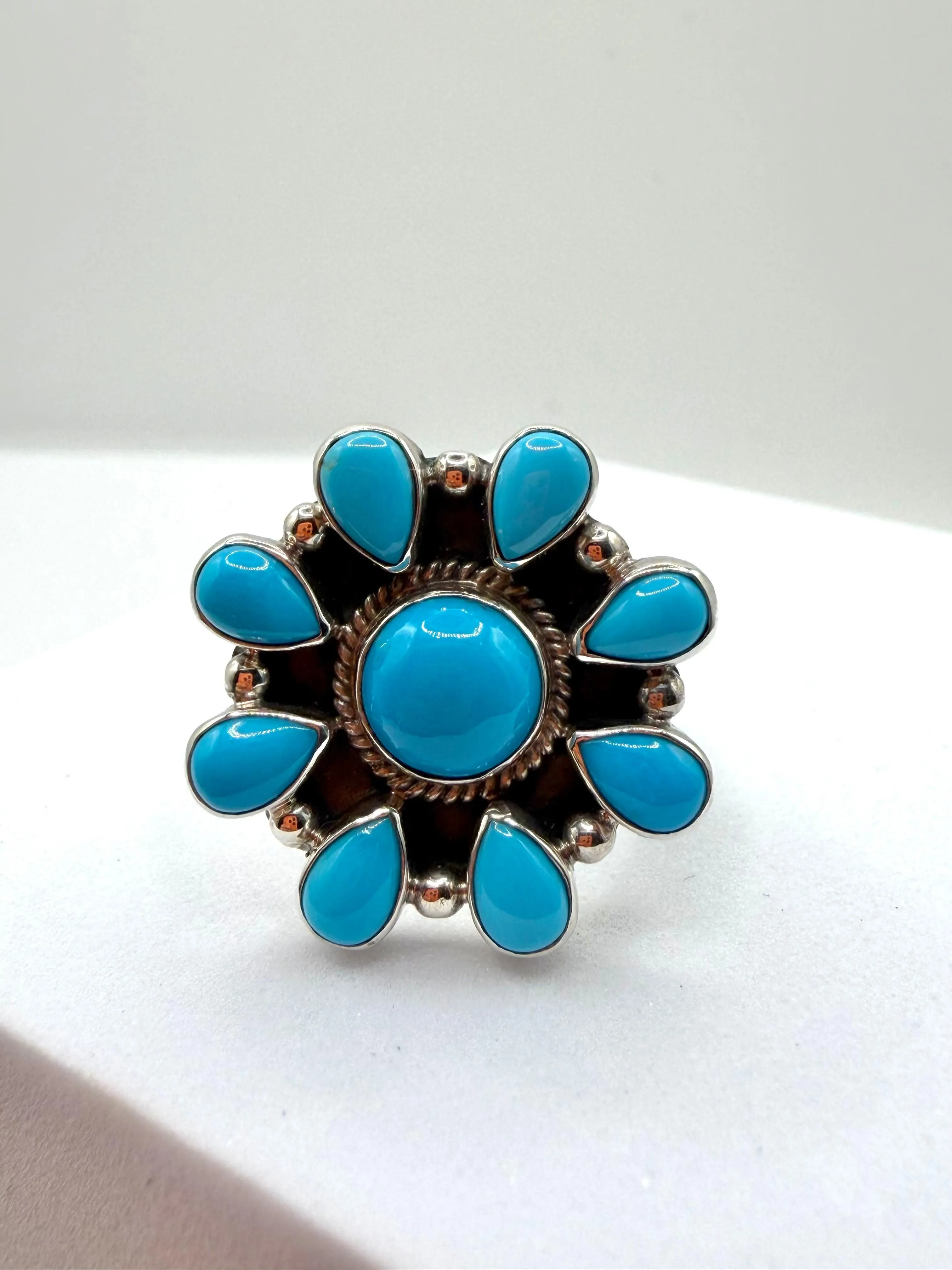SLEEPING BEAUTY TURQUOISE CLUSTER ADJUSTABLE FLOWER RING (CO 117)