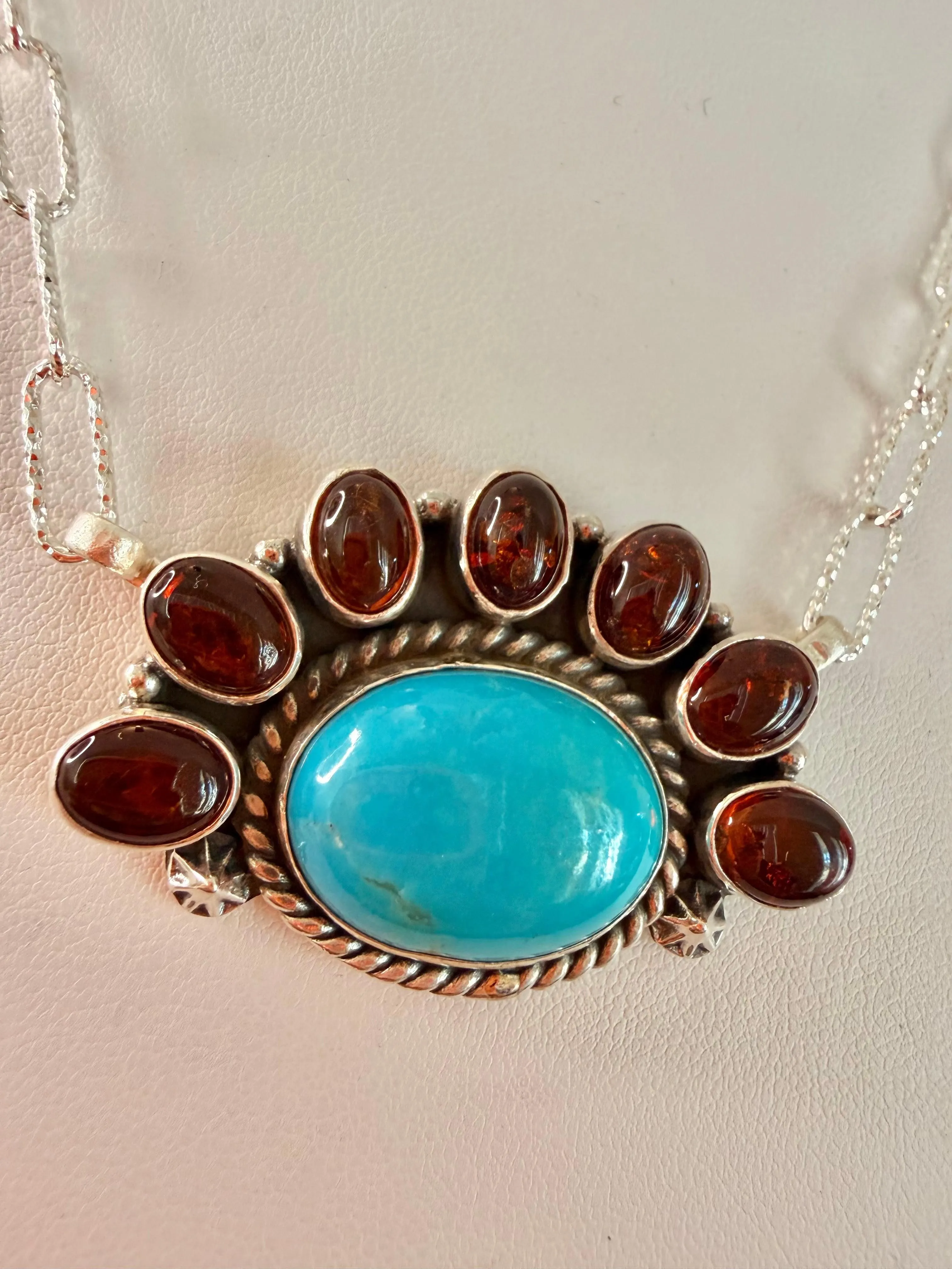 NATIVE HANDADE BALTIC AMBER AND KINGMAN HALF CLUSTER PAPERCLIP NECKLACE BY TONY YAZZIE 17" (JR 51)