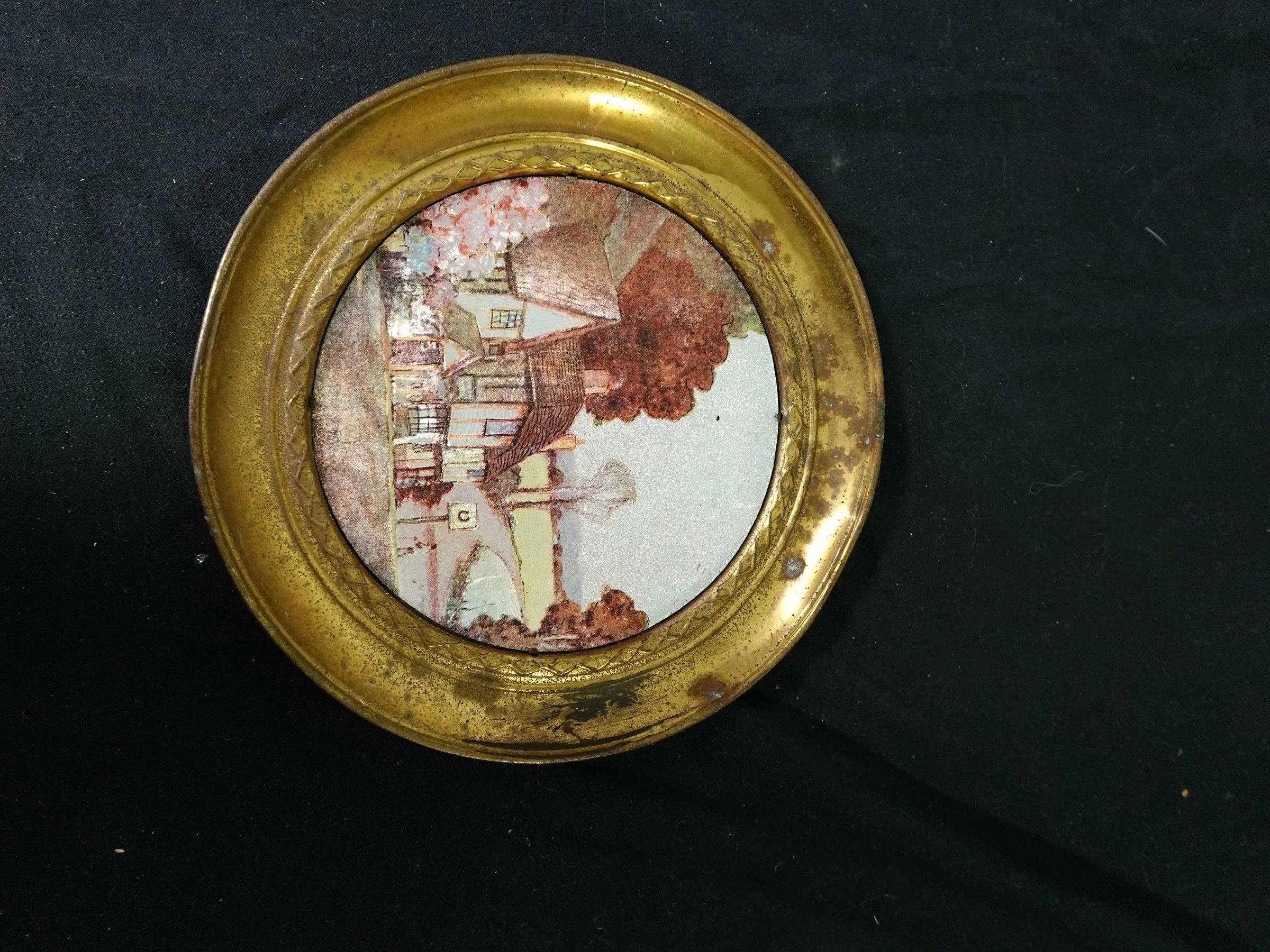 Vintage Solid Brass Plate Wall Hanger with Scenery Insert Made in England