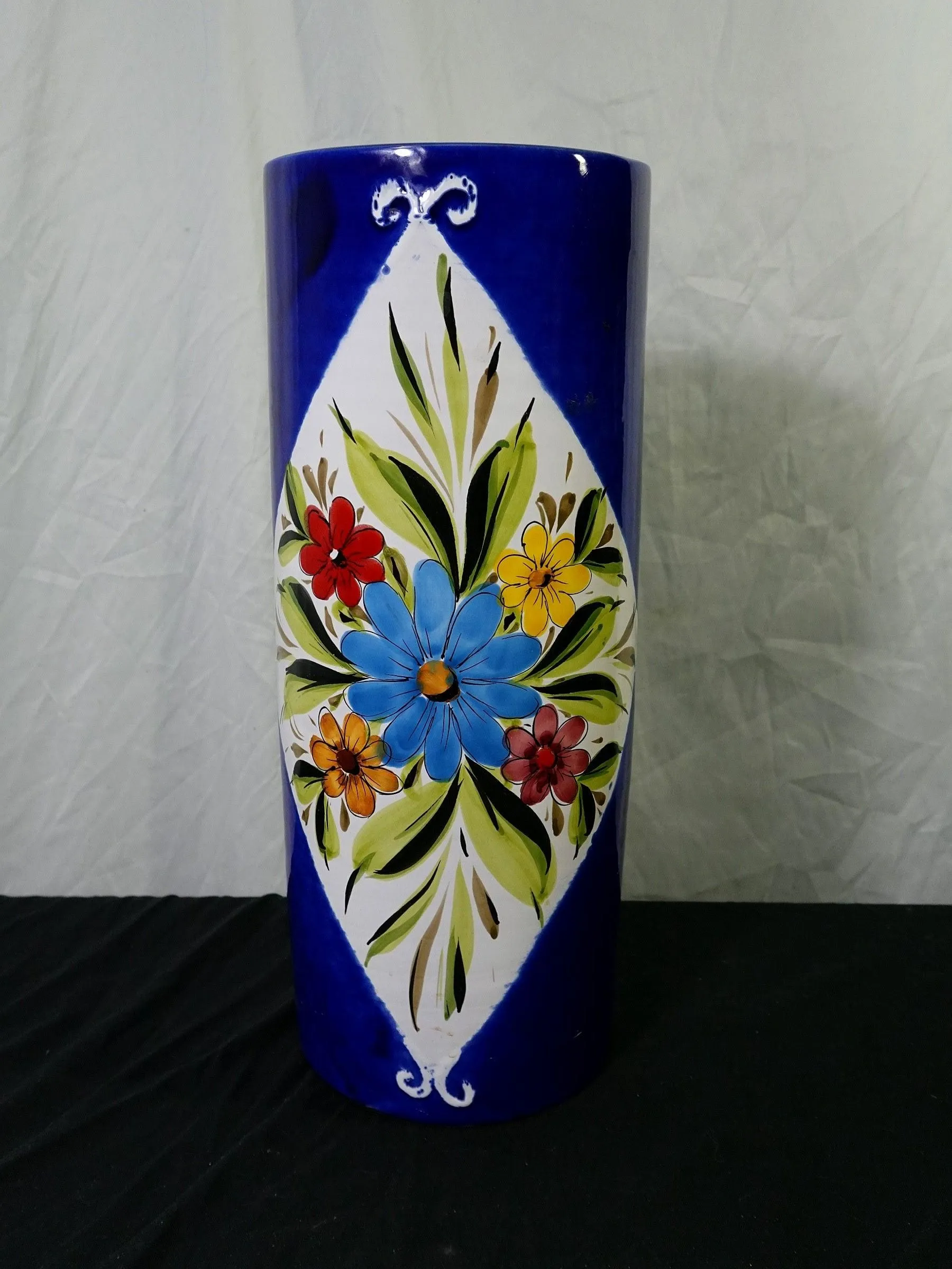 Tall Ceramic Floral Umbrella Holder Vase Blue White Design