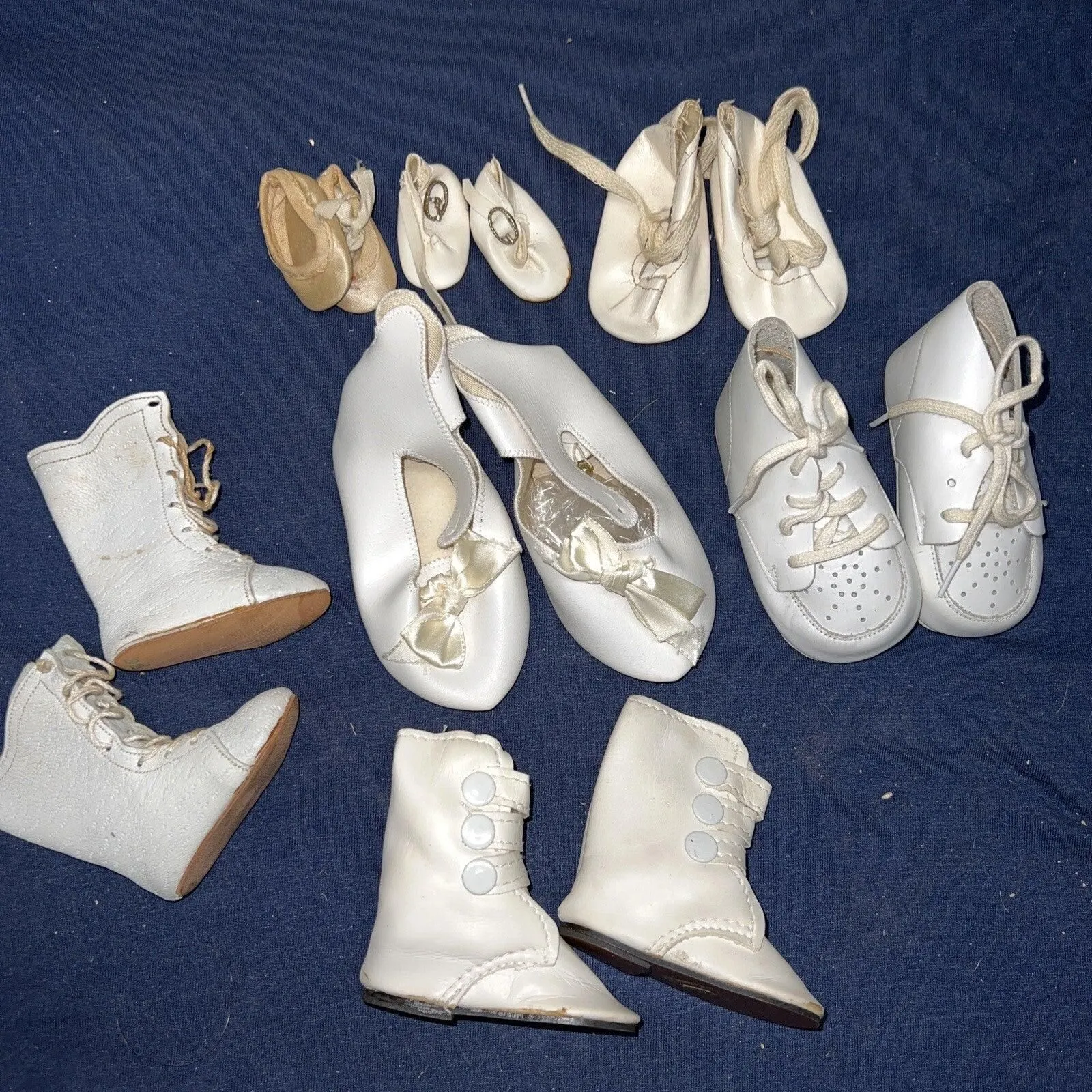 Lot of 7 White / Beige Antique Vintage Doll Shoes Various Size and Condition