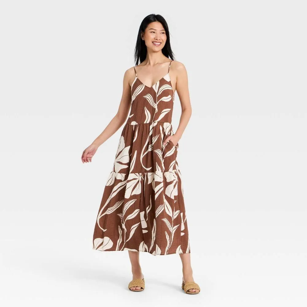 New without Tags - Women's Tiered Maxi Dress - A New Day Brown/White Floral M