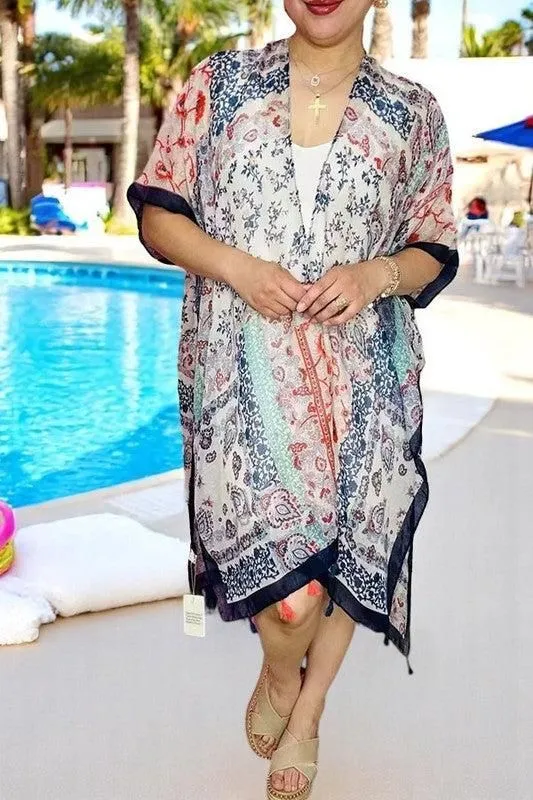 Floral & Paisley Duster Kimono W/ Tassles