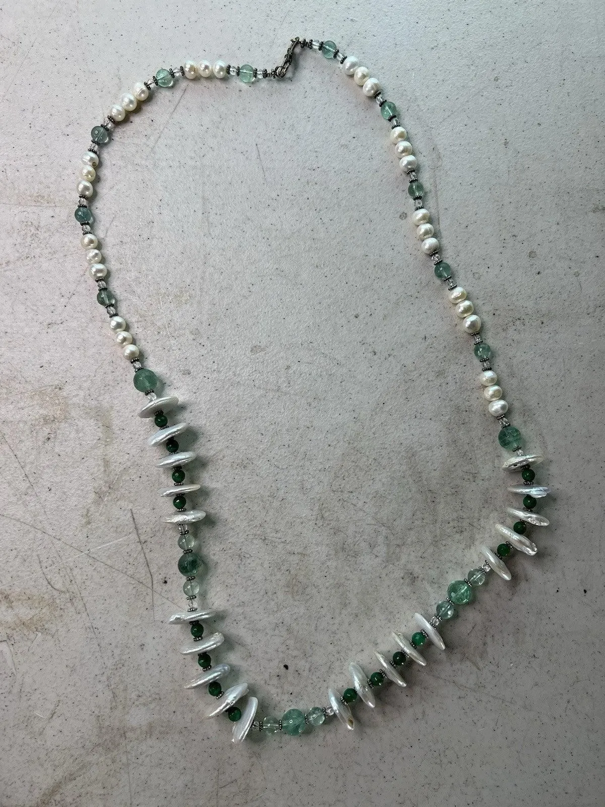 Vintage Green & Pearl Beaded Necklace w/ Shell Discs, 16.5" Handmade Clasp