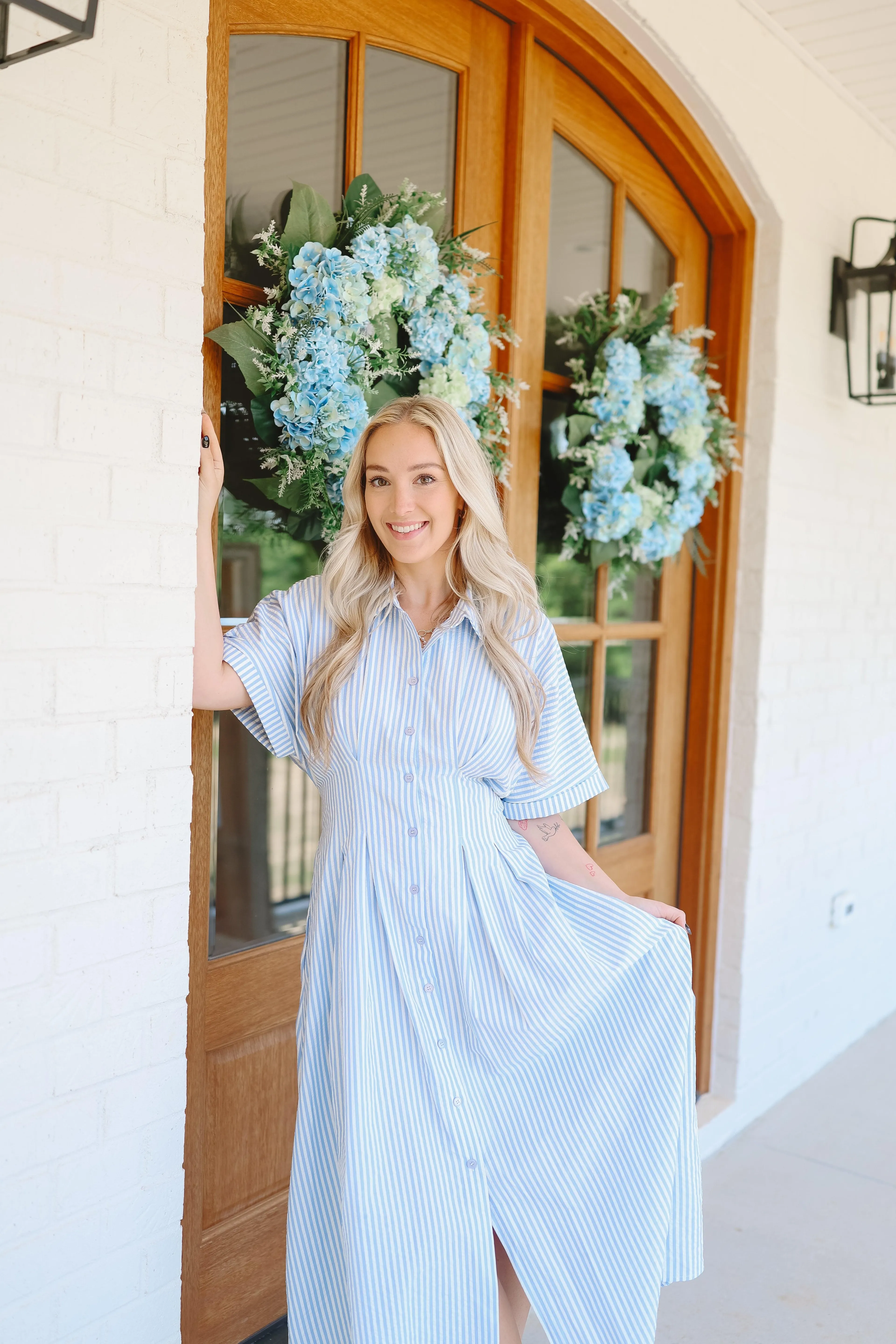 Rosalina Seersucker Striped Bow Back Midi Dress - Lt. Blue/White