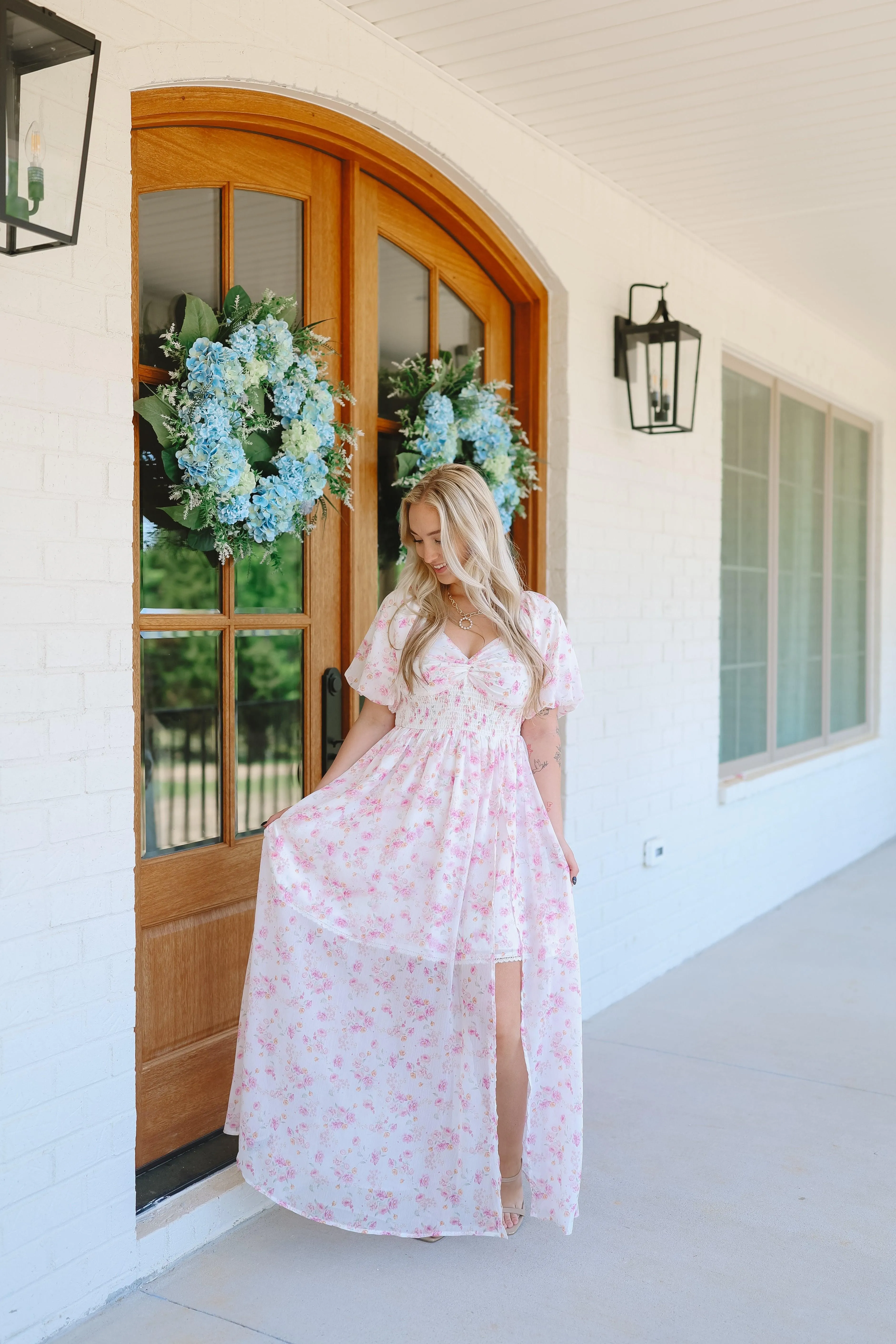 Reid Floral Chiffon Smocked Maxi Dress - Off White/Pink