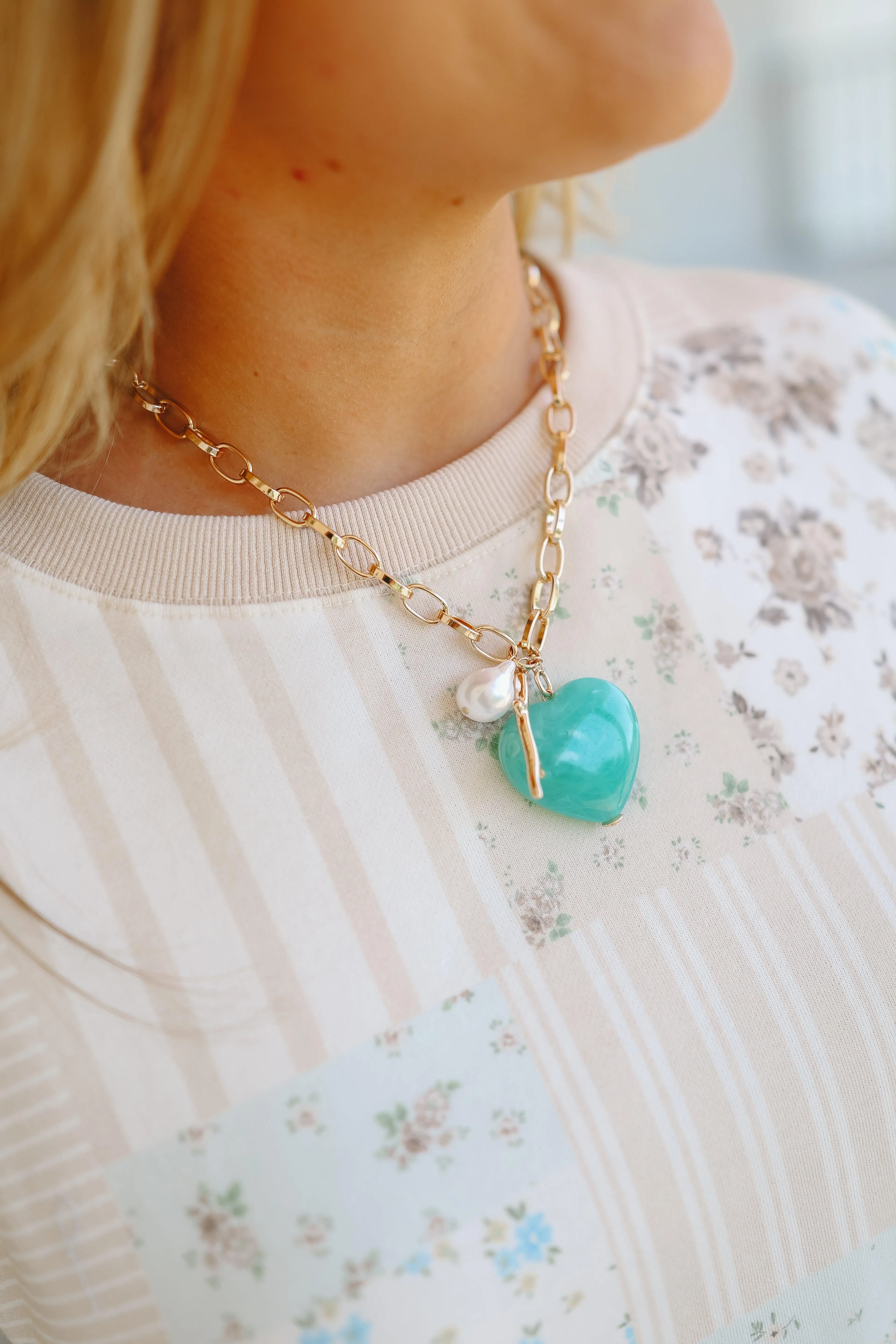 Ariel Marbled Heart Pendant Chain Necklace - Mint