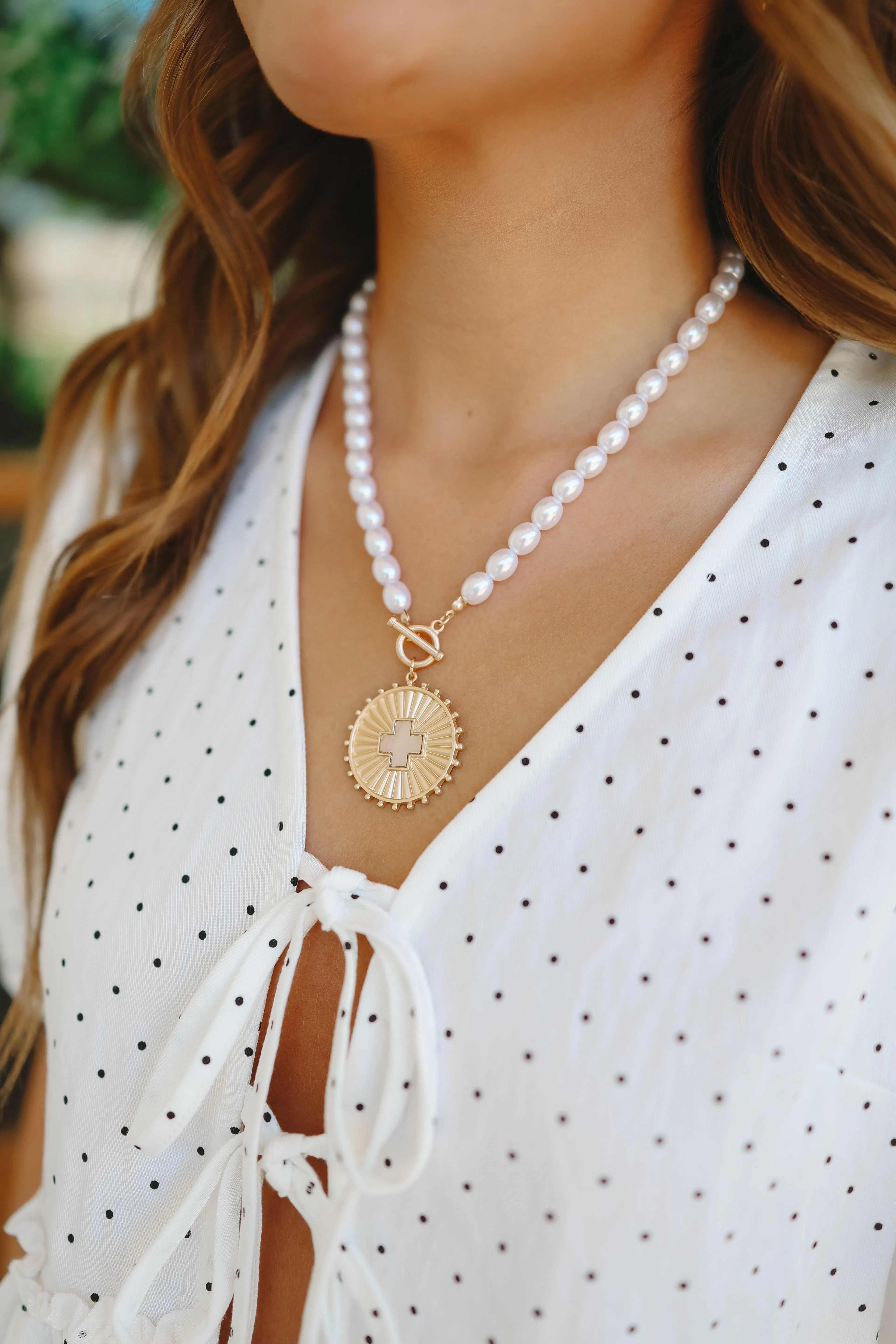 Pearl Beaded Cross Medallion Pendant Necklace - Gold