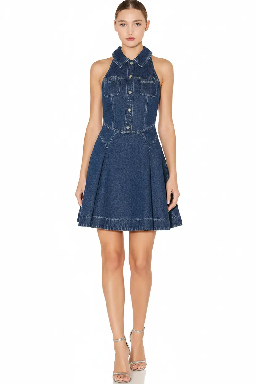 Denim Halter Button-Front Mini Dress
