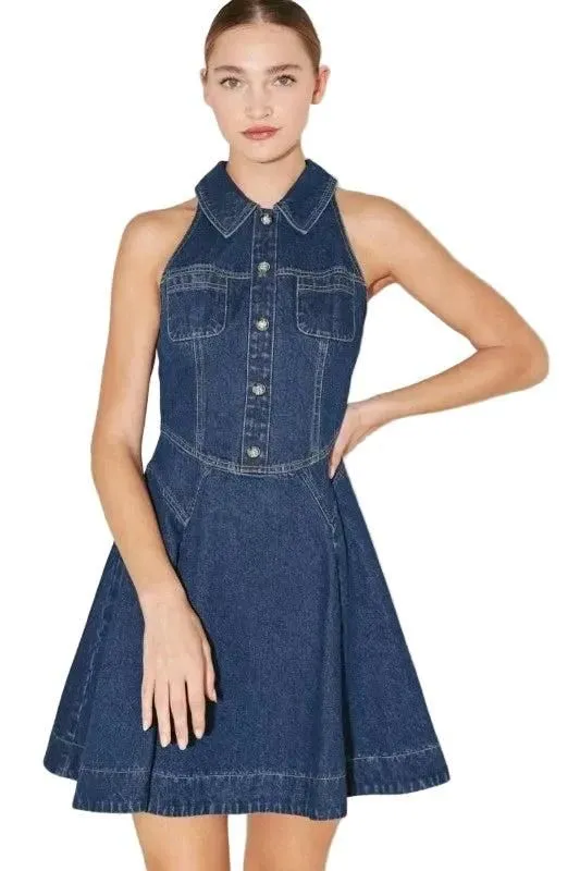 Denim Halter Button-Front Mini Dress