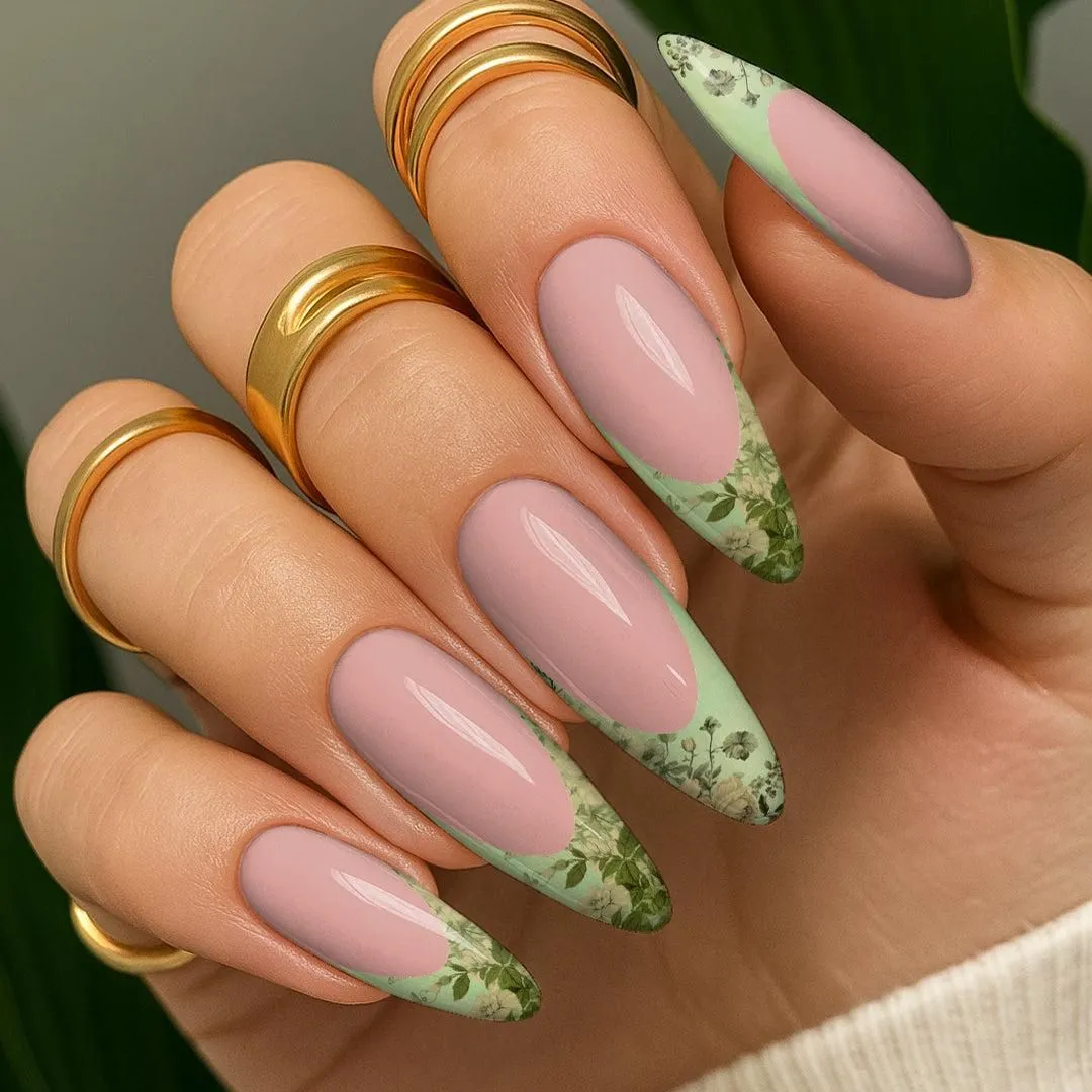 Waterslide Nail Decals - French Cut - Green Floral