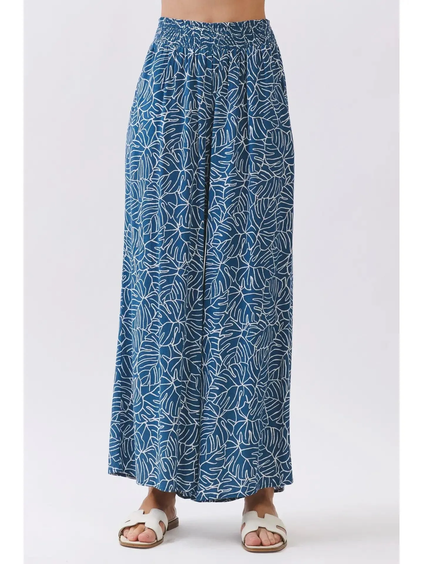 Print Waist Smocked Wide Leg Pants