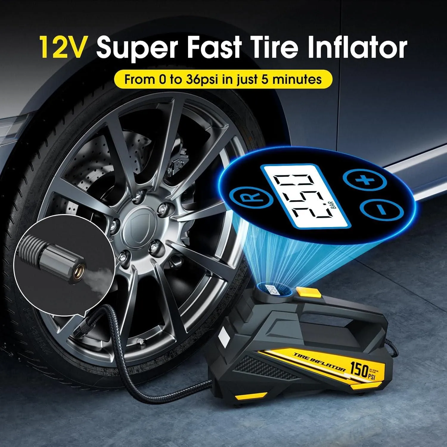 FLYKID Portable Tire Inflator – 12V Air Compressor with 150 PSI LCD Gauge & LED Light