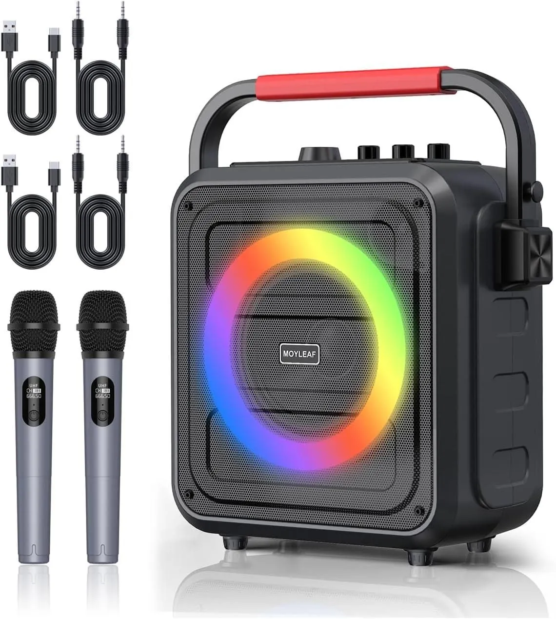 MOYLEAF K253 Bluetooth Karaoke Speaker w/ 2 Wireless Mics & RGB Lights