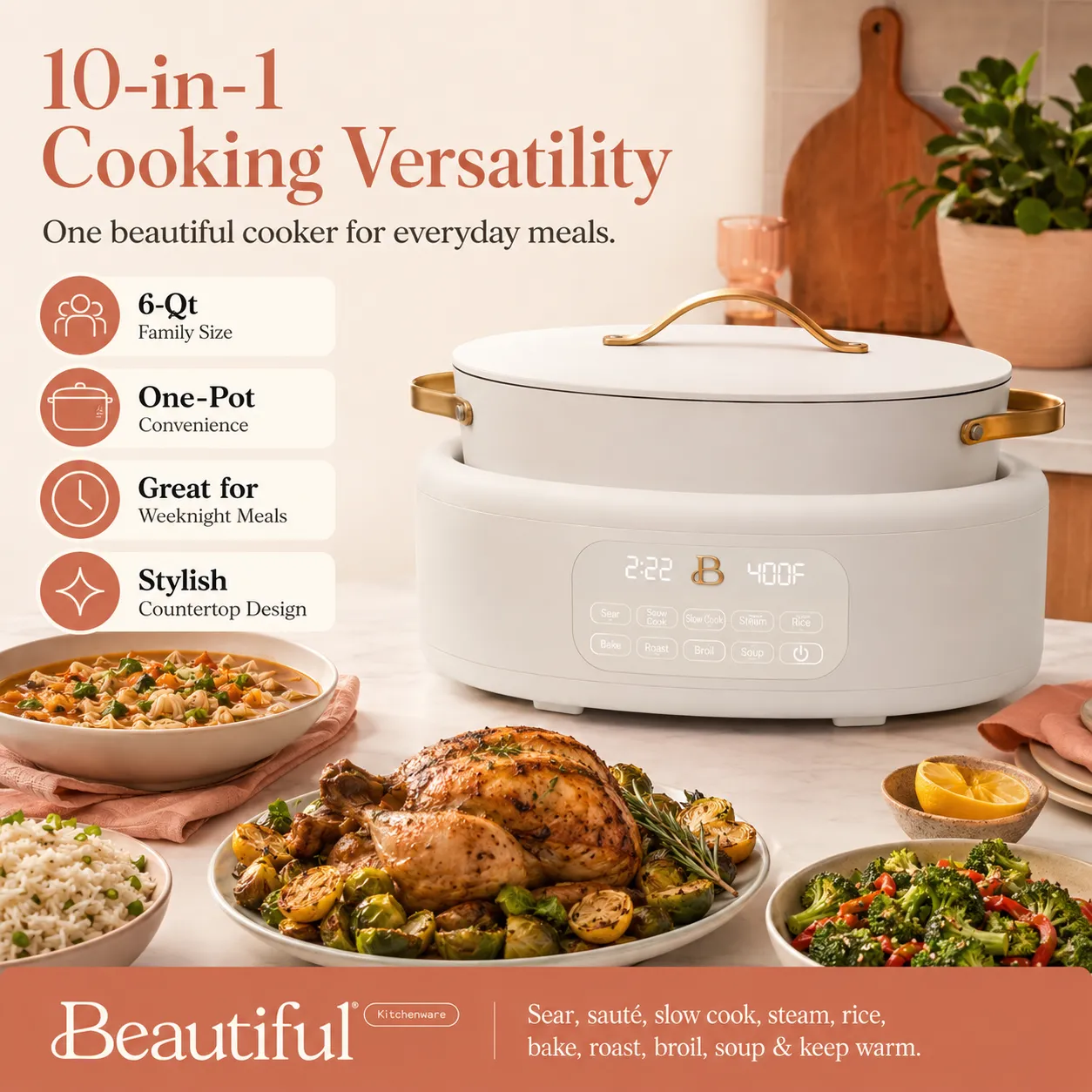 Beautiful 10-in-1 6-Qt Electric Multi-Cooker by Drew Barrymore – White Icing