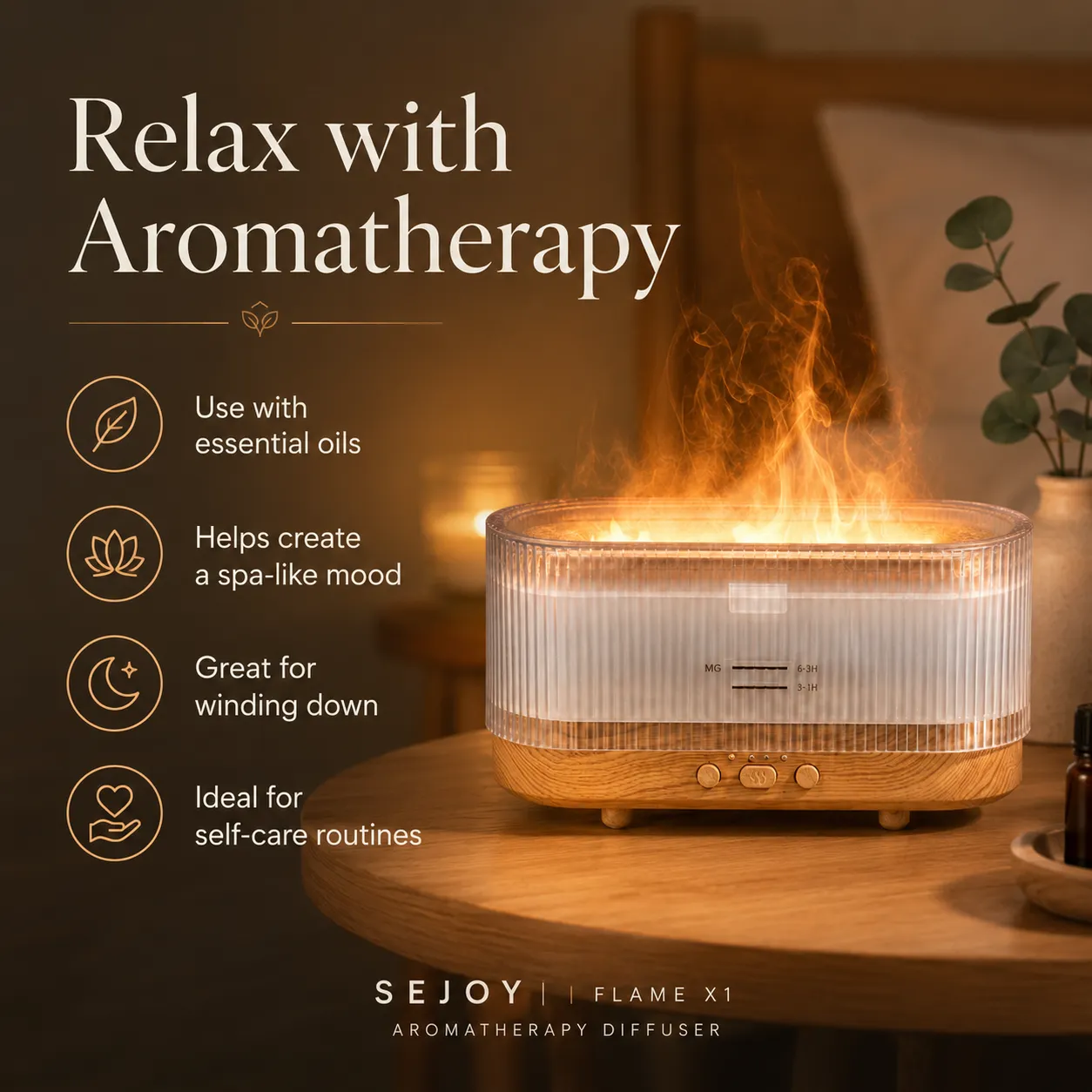 Sejoy Flame X1 Aromatherapy Diffuser 300mL Essential Oil Diffuser w/ LED Lights