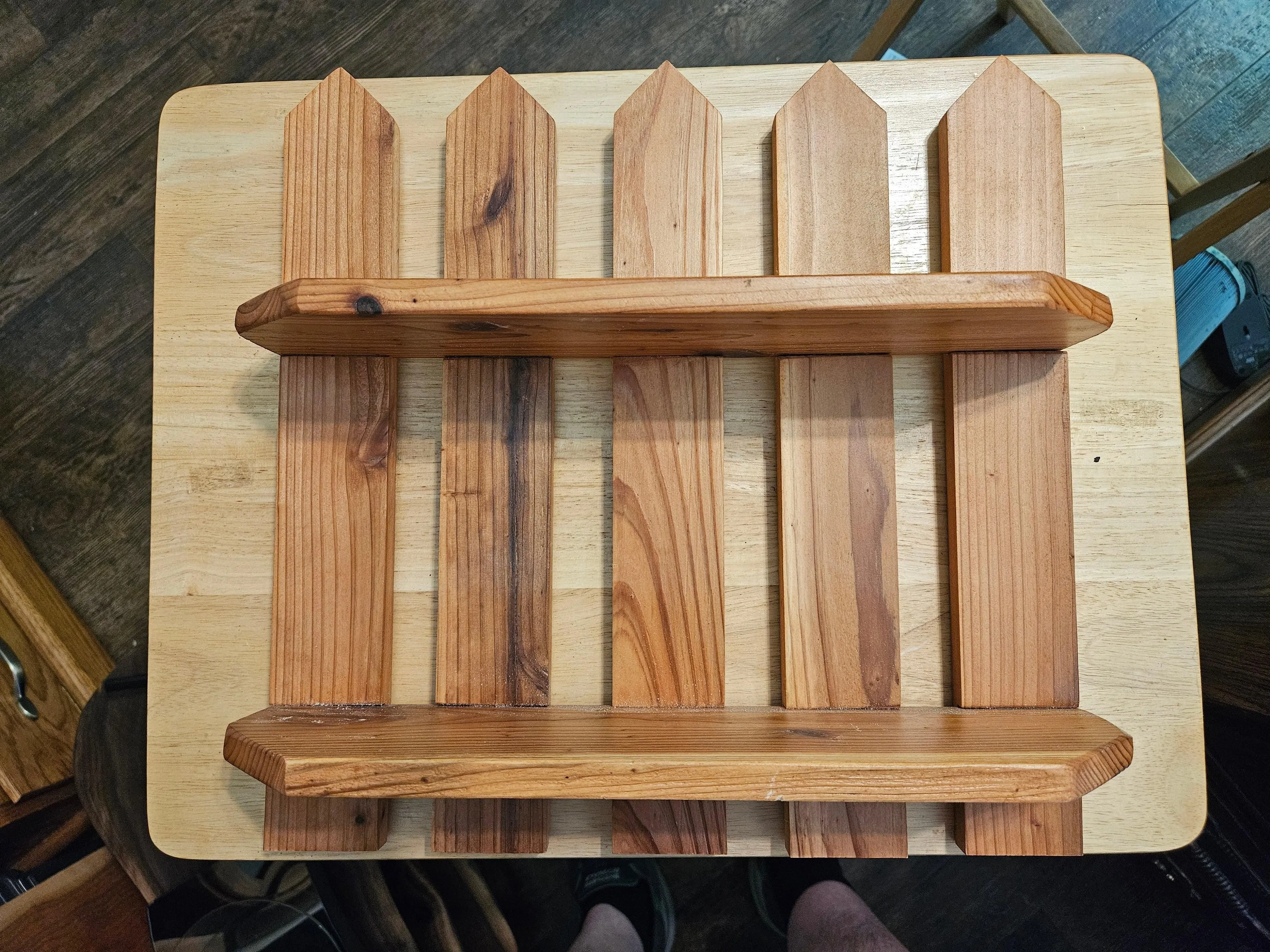 Picket Fence Shelf Made with Cedar, Hangers installed 14" x 14"