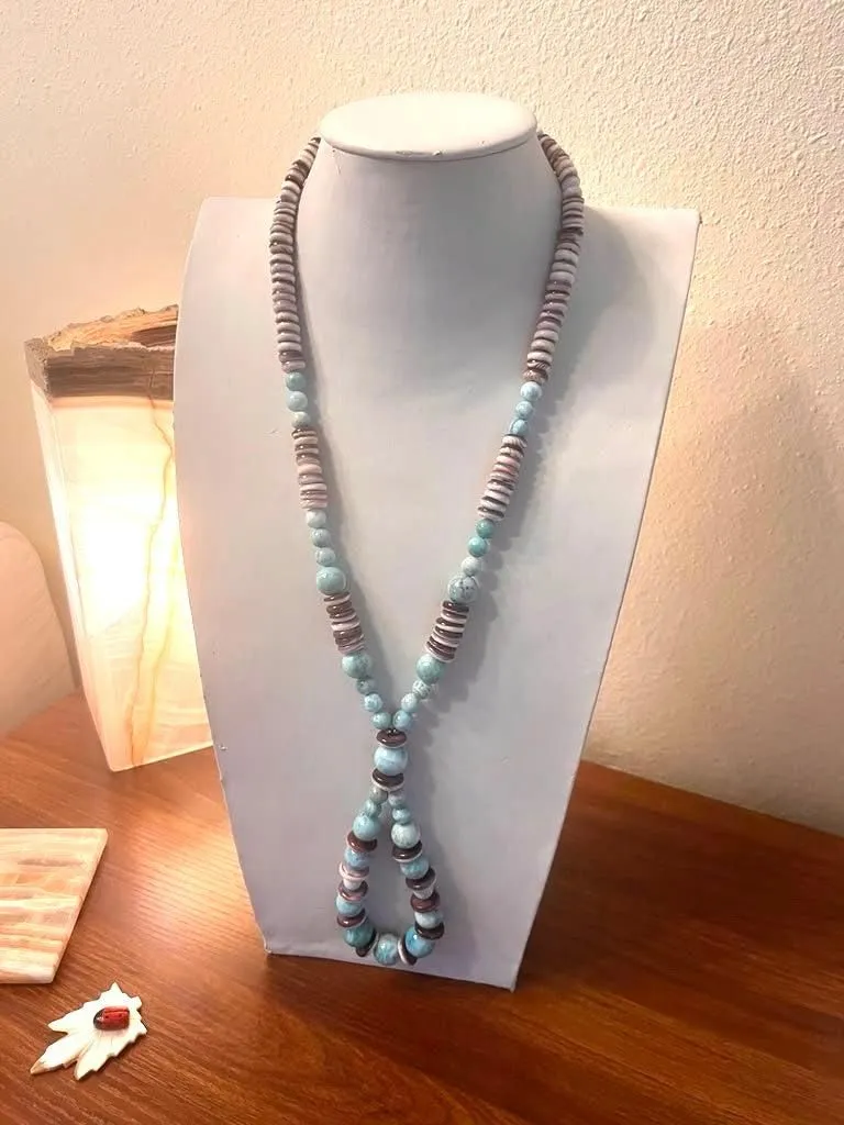 NATIVE HANDMADE WAMPUM & LARIMAR JOCLA 24" 5" DROP (MK 9)