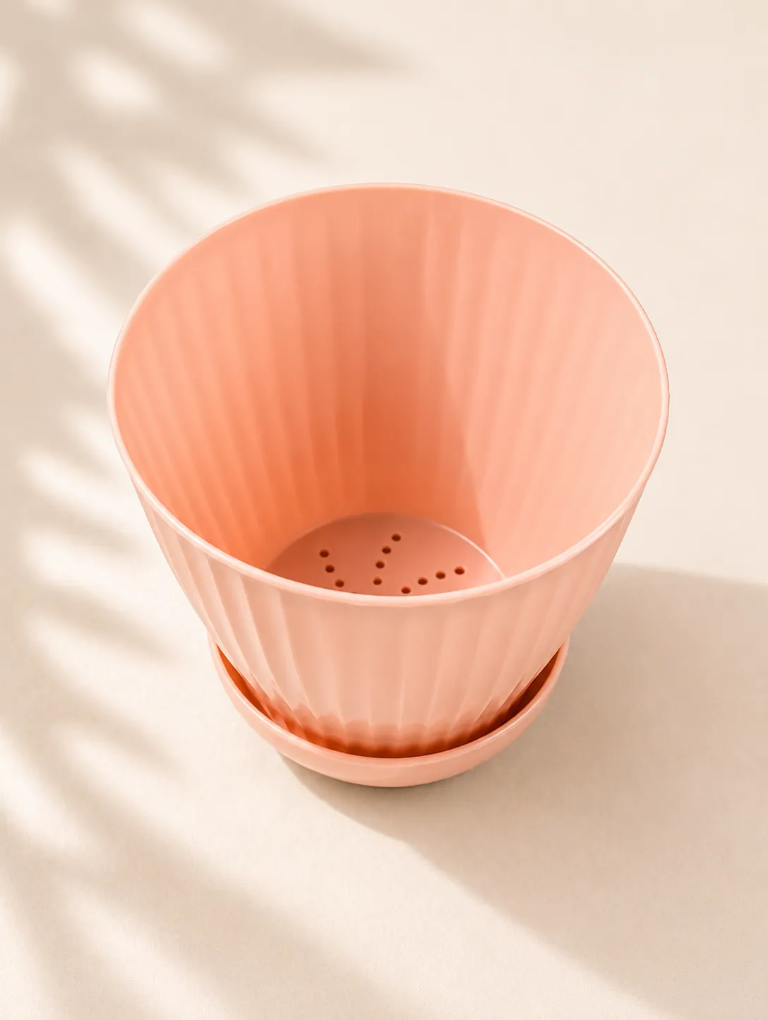 6" Ribbed Plastic Plant Pot with Drainage Saucer - Coral Pink