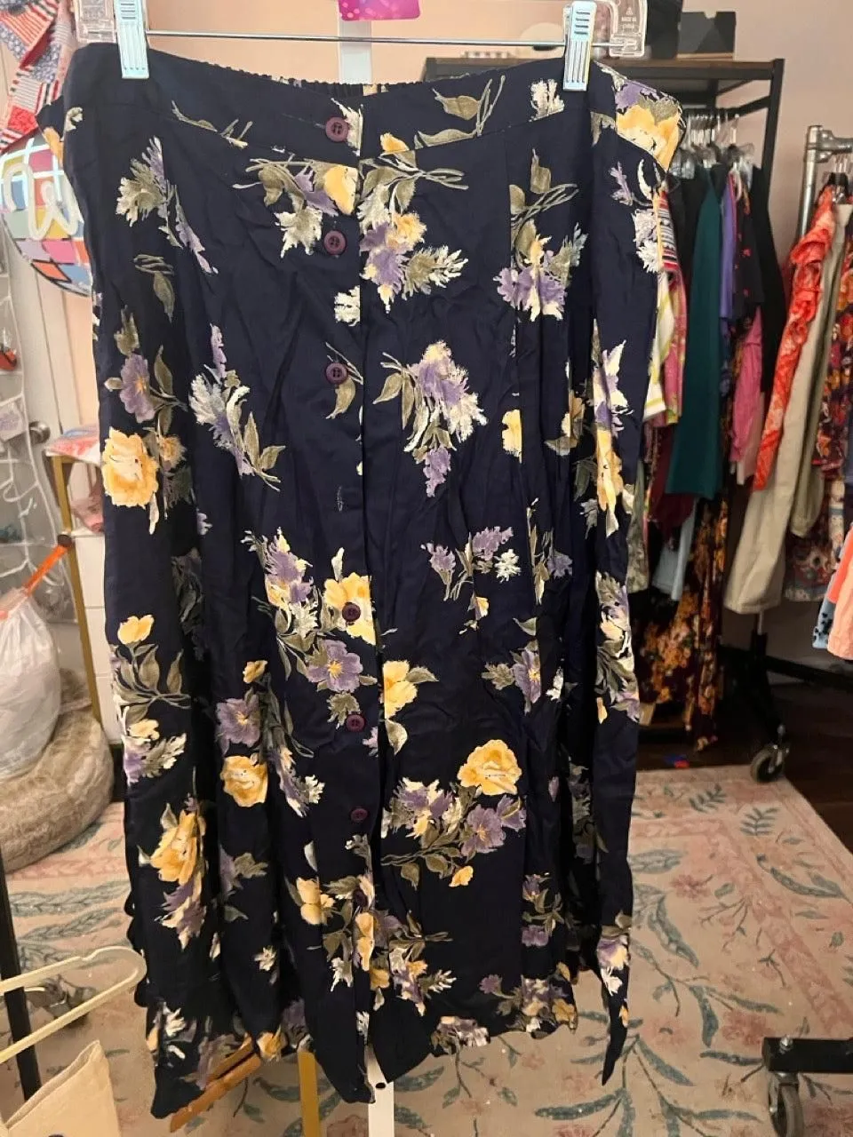41. 3x (fits 2x) Navy Floral Midi Button Up Skirt