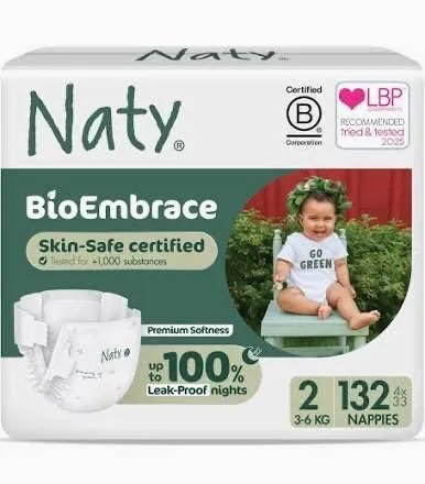 Naty BioEmbrace Baby Newborn Nappies | Sensitive Skin Safe Certified | Leak Protection up to 100% | Plant-Based Teddy Softness, Premium Comfort | Chlorine-Free | Size 2 (3–6kg), 132 Count