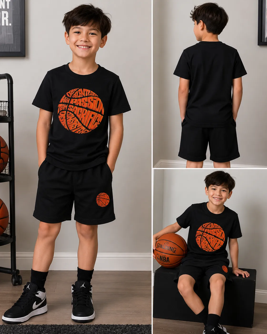 Motivational Basketball Graphic 2-Piece Shorts Set | Black & Orange | New