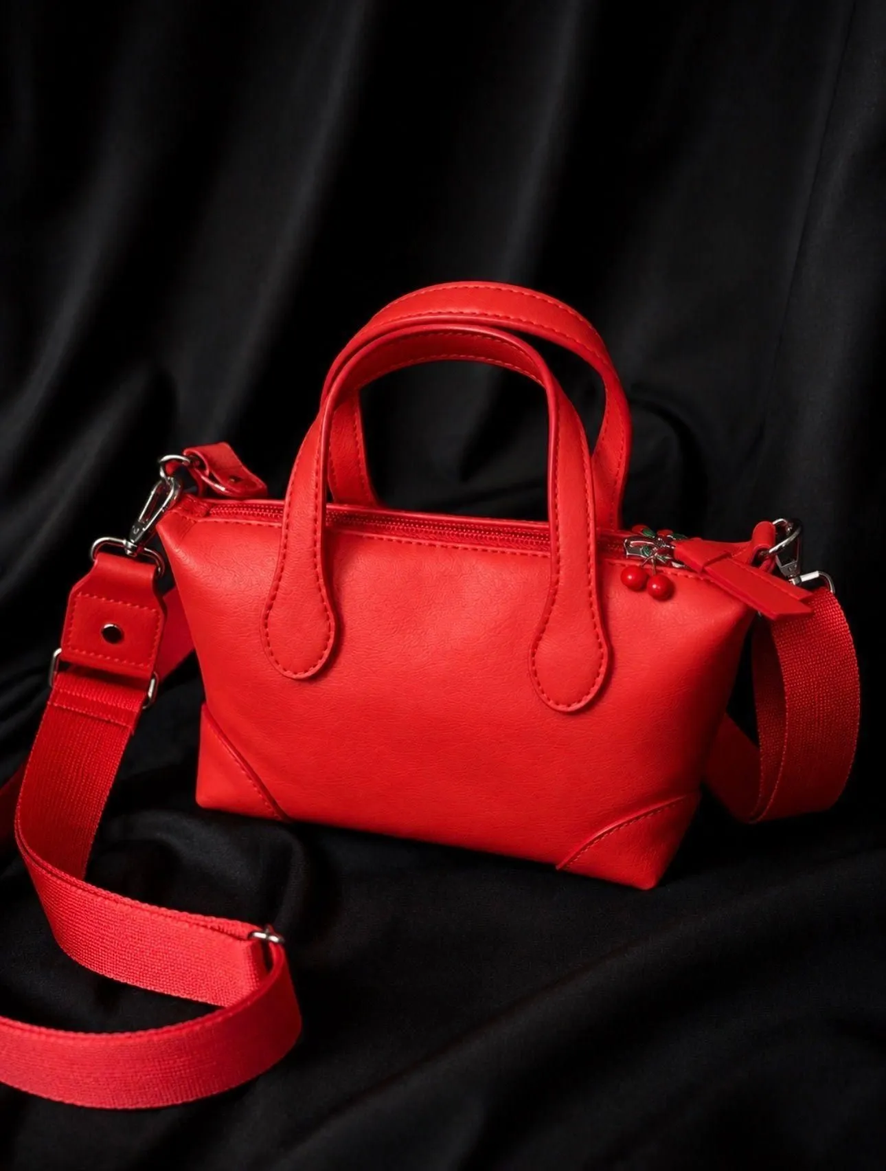 🍒 Cherry Accent Mini Red Crossbody Handbag | Structured Satchel | Detachable Strap