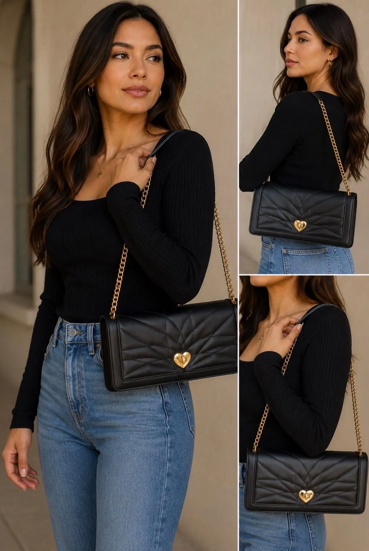 Olivia Miller Black Quilted Shoulder Bag | Gold Heart Turn-Lock Closure