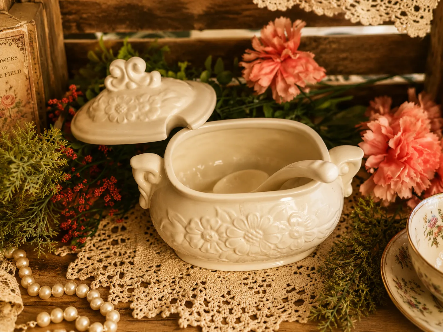 🌿 Vintage Embossed Ceramic Sugar Bowl with Lid | Cottagecore Farmhouse Decor