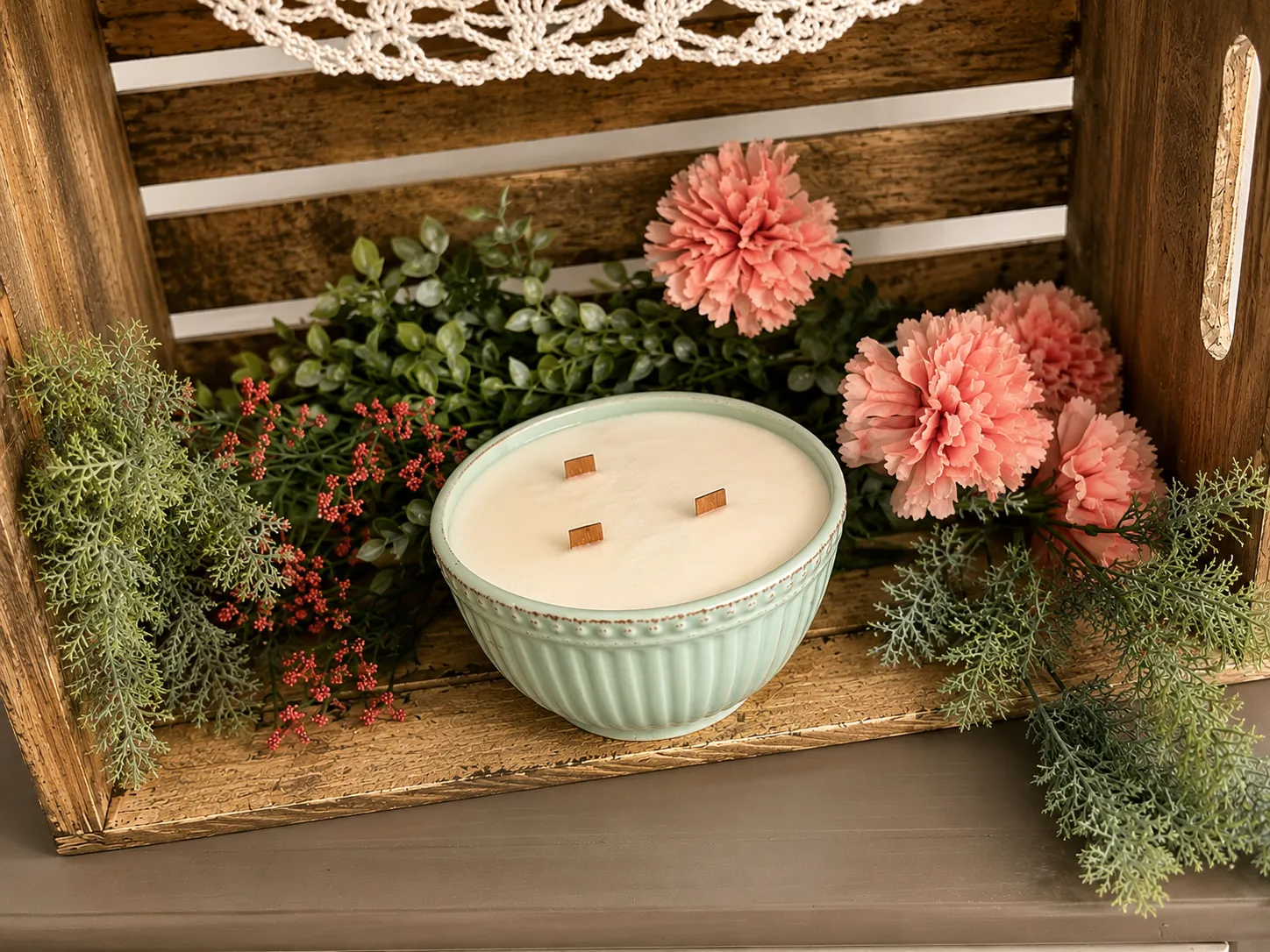 🌿 Seafoam Cottage Wood Wick Candle | Hand-Poured Vintage Farmhouse Bowl Candle