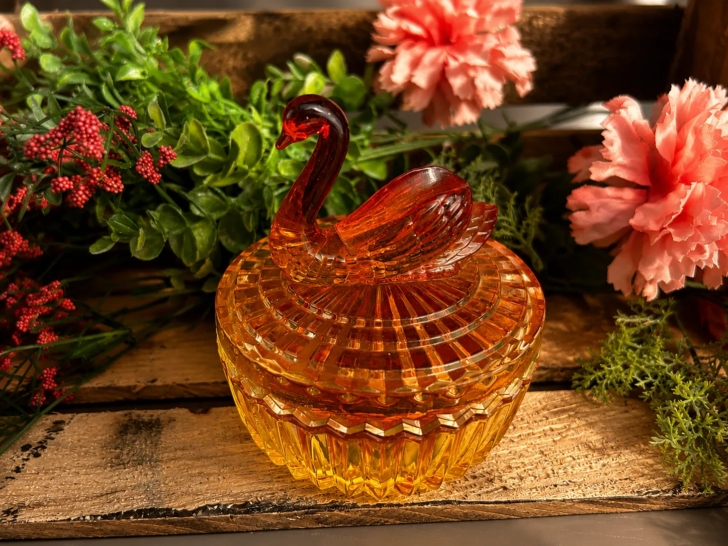 Vintage Amber Swan Glass Covered Candy Dish