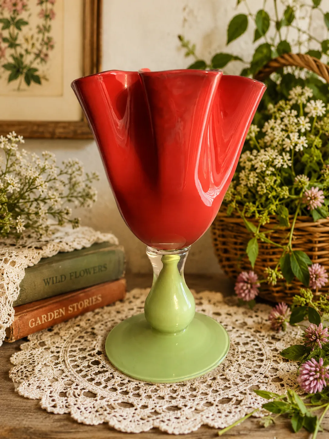 Vintage Red & Green Art Glass Tulip Vase