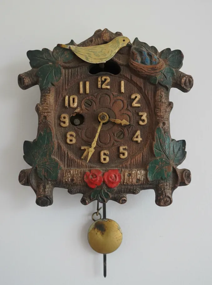 Vintage August C. Keebler Co. Pendulette Clock Red Flowers Blue Birds Nest Small AS IS Not Tested cl4