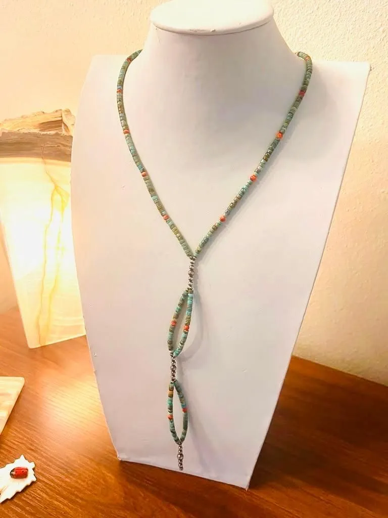 ROYSTON TURQUOISE ORANGE SPINY & NAVAJO PEARLS 23" LARIAT 8 DROP" (MW 463)