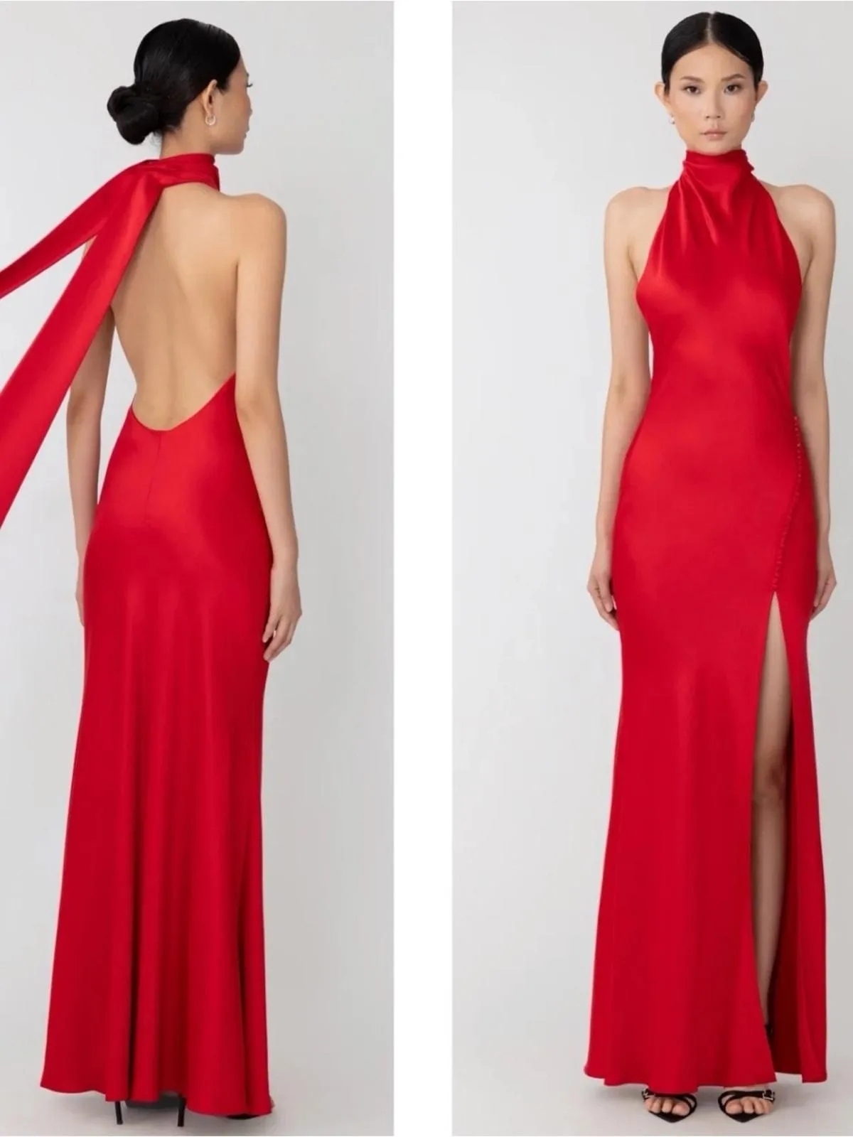 sau lee penelope high neck open back satin maxi dress SAU LEE Penelope Backless Satin Gown, Mocha