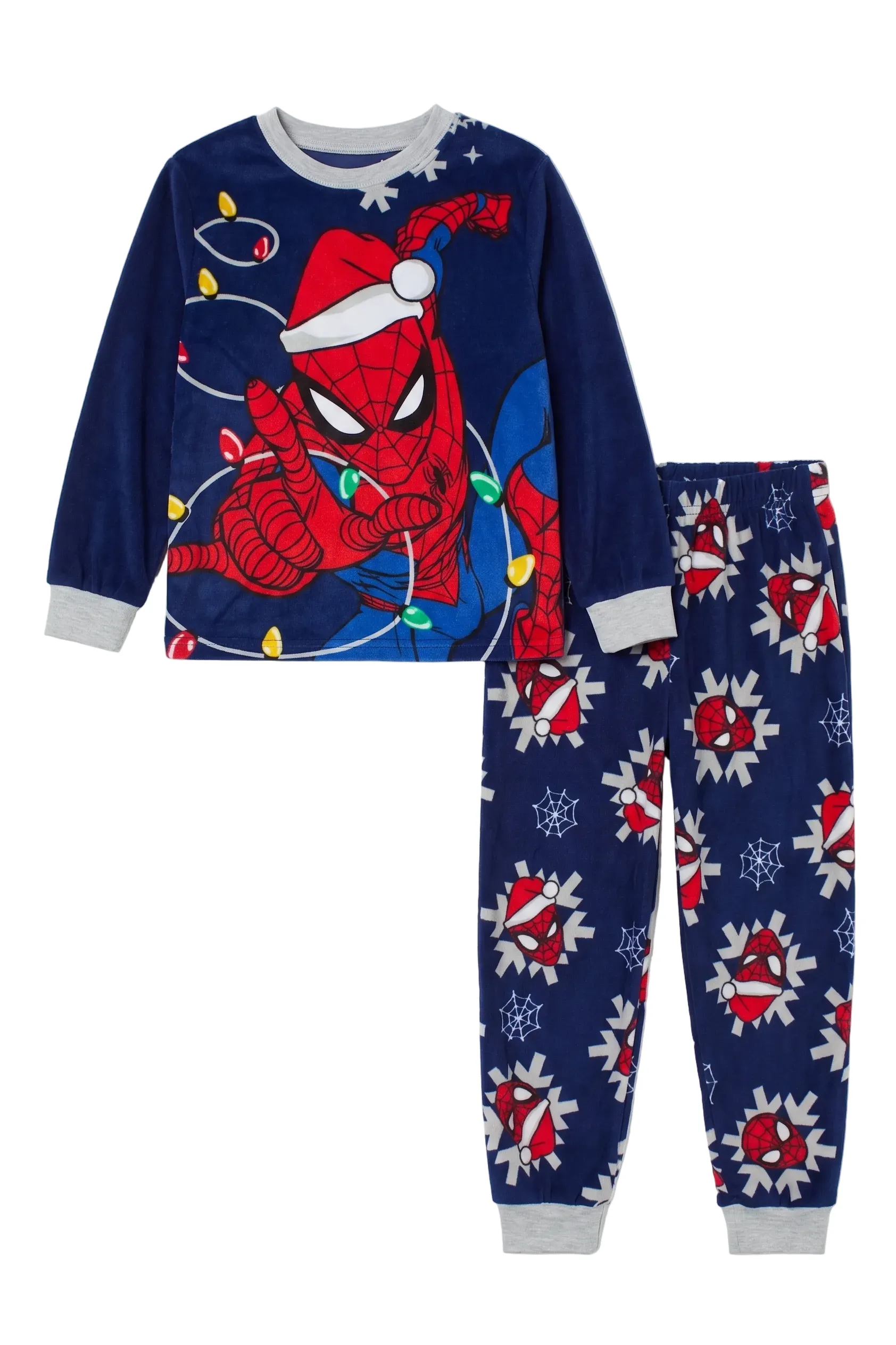 Marvel Spider-Man Boys 2-Piece Christmas Pajama Fleece Set, Long Sleeve Santa Hat Spidey and Holiday Lights Graphic Top and Pants, Navy Blue