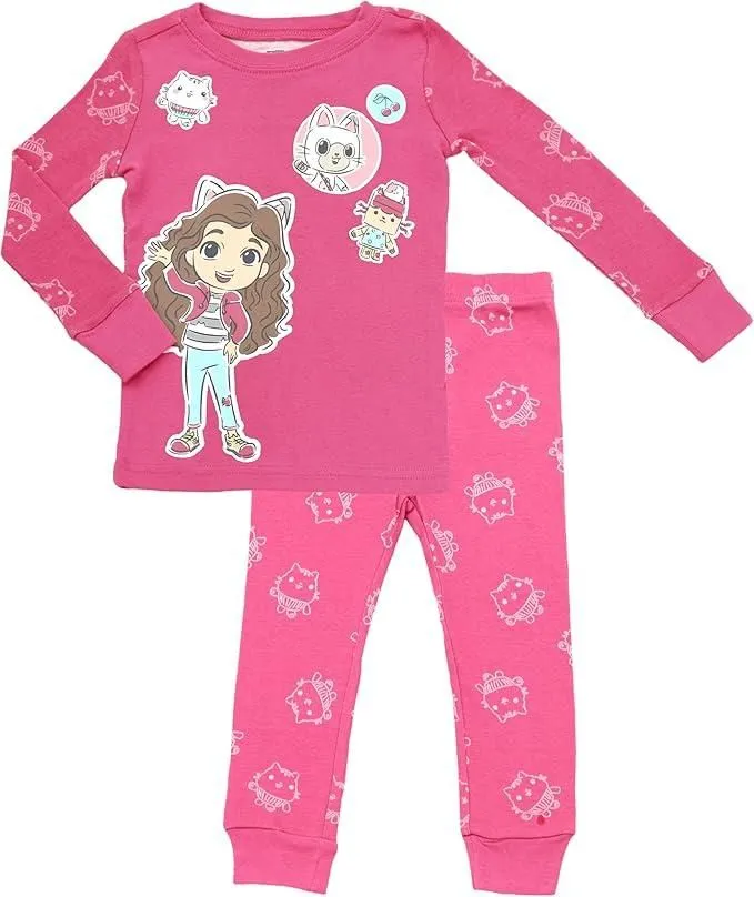 Gabby's Dollhouse Girls 2-Piece Cotton Pajama Set, Long Sleeve Gabby Pandy Paws and Cakey Graphic Top and Pants, Pink