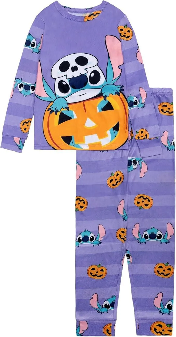 Disney Stitch Halloween Girls 2-Piece Cotton Pajama Set, Long Sleeve Stitch Pumpkin Graphic Top and Striped Pants, Purple