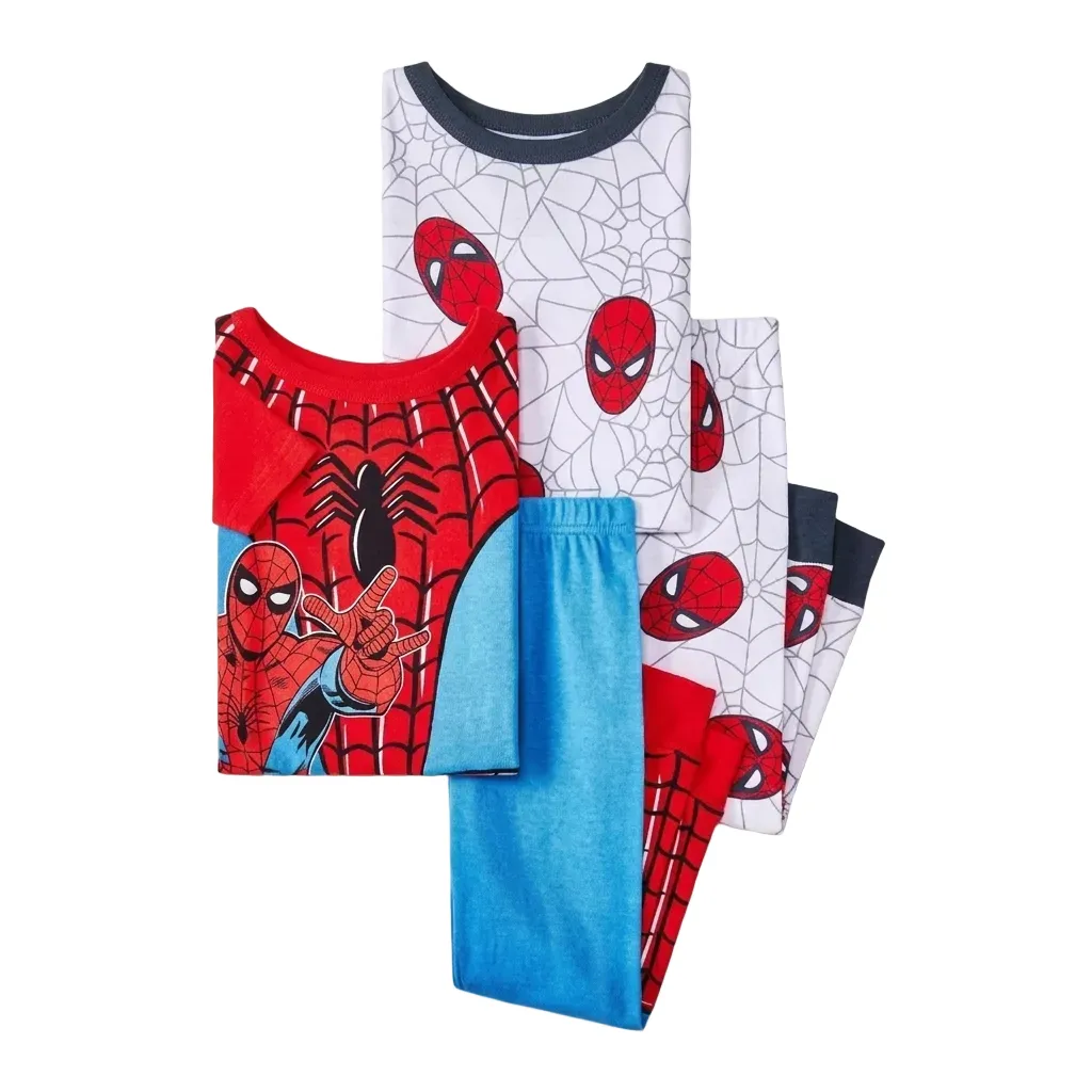 Marvel Spider-Man Boys 4-Piece Cotton Pajama Set, Spidey Graphic Tees and Matching Pants, Snug Fit Sleepwear, Red/Blue/White