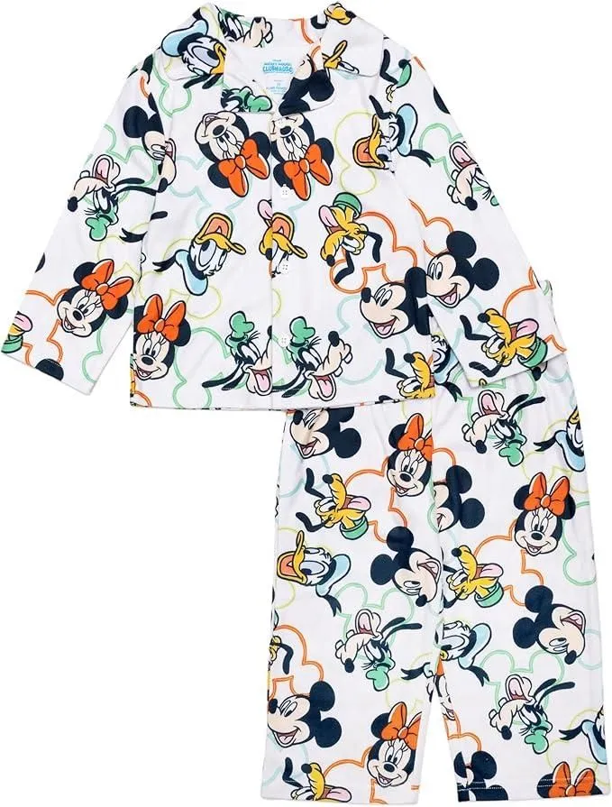 Disney Mickey Mouse Toddler Unisex 2-Piece Button-Down Pajama Set, Short Sleeve Coat Front Shirt and Matching Pants
