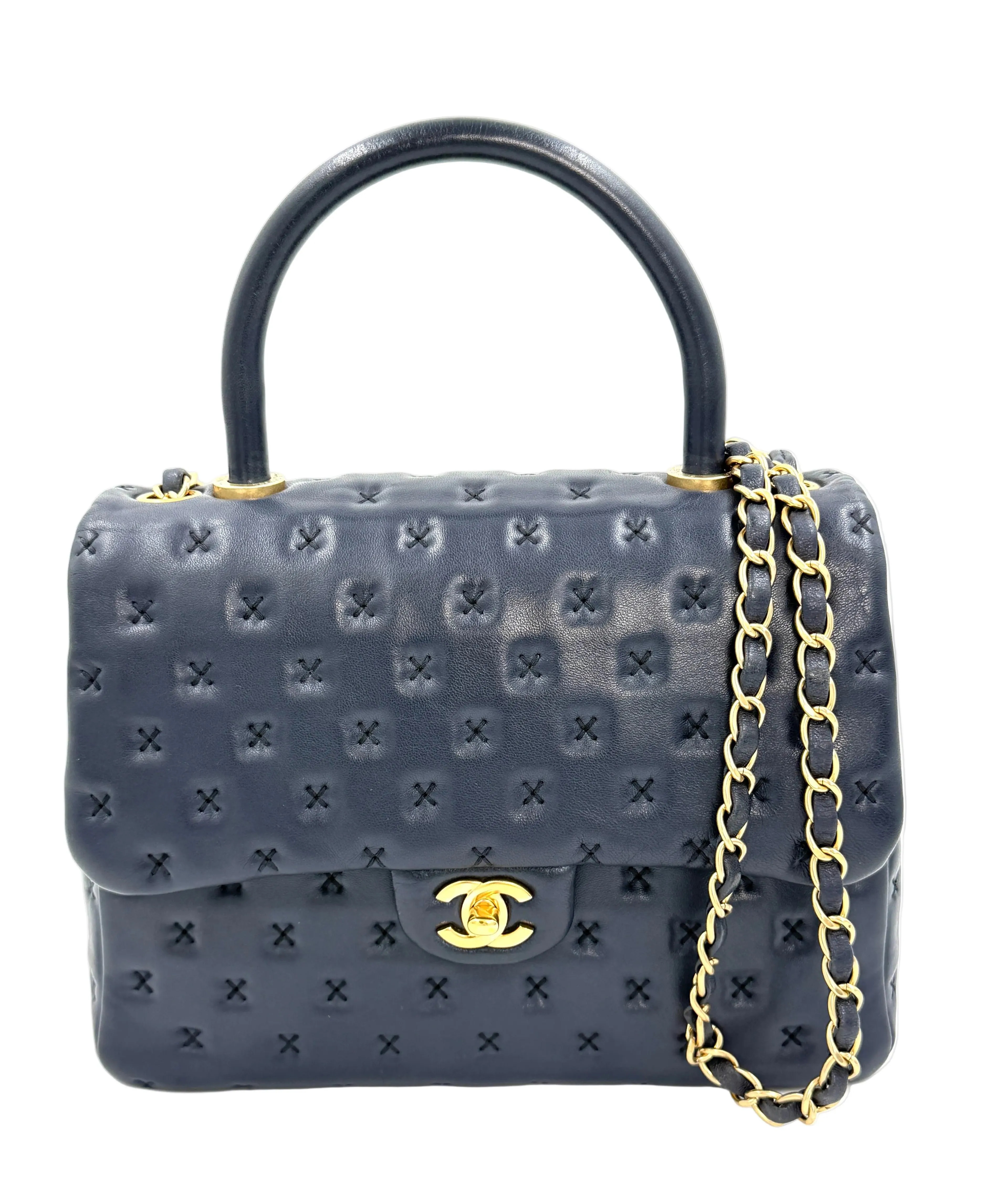Pre-owned Chanel Paris-Rome Cross Stitch Medium Top Handle Flap Bag Navy - Authenticated
