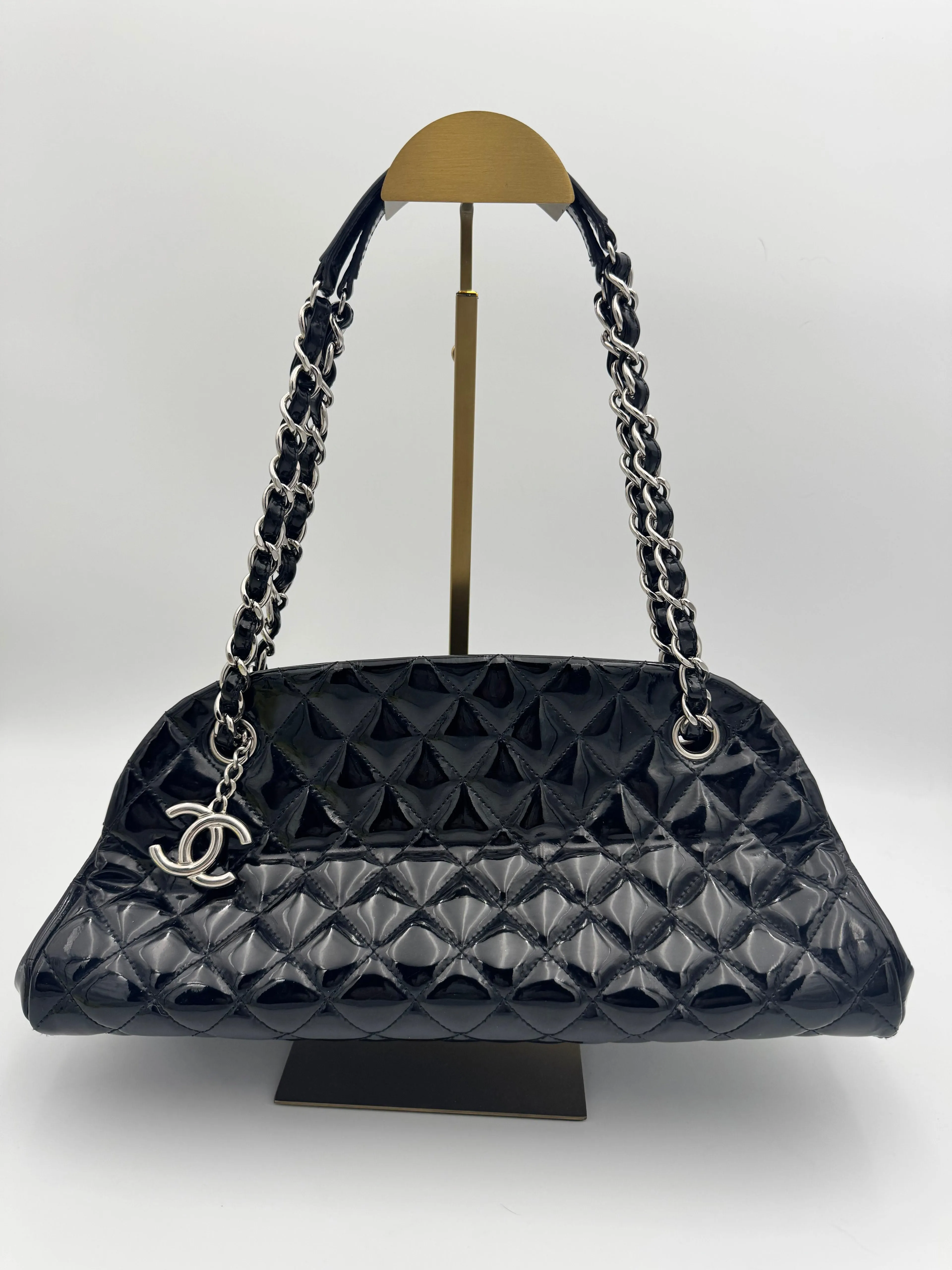 Chanel Just Mademoiselle Bowler Bag – Black Patent Leather, Silver Hardware