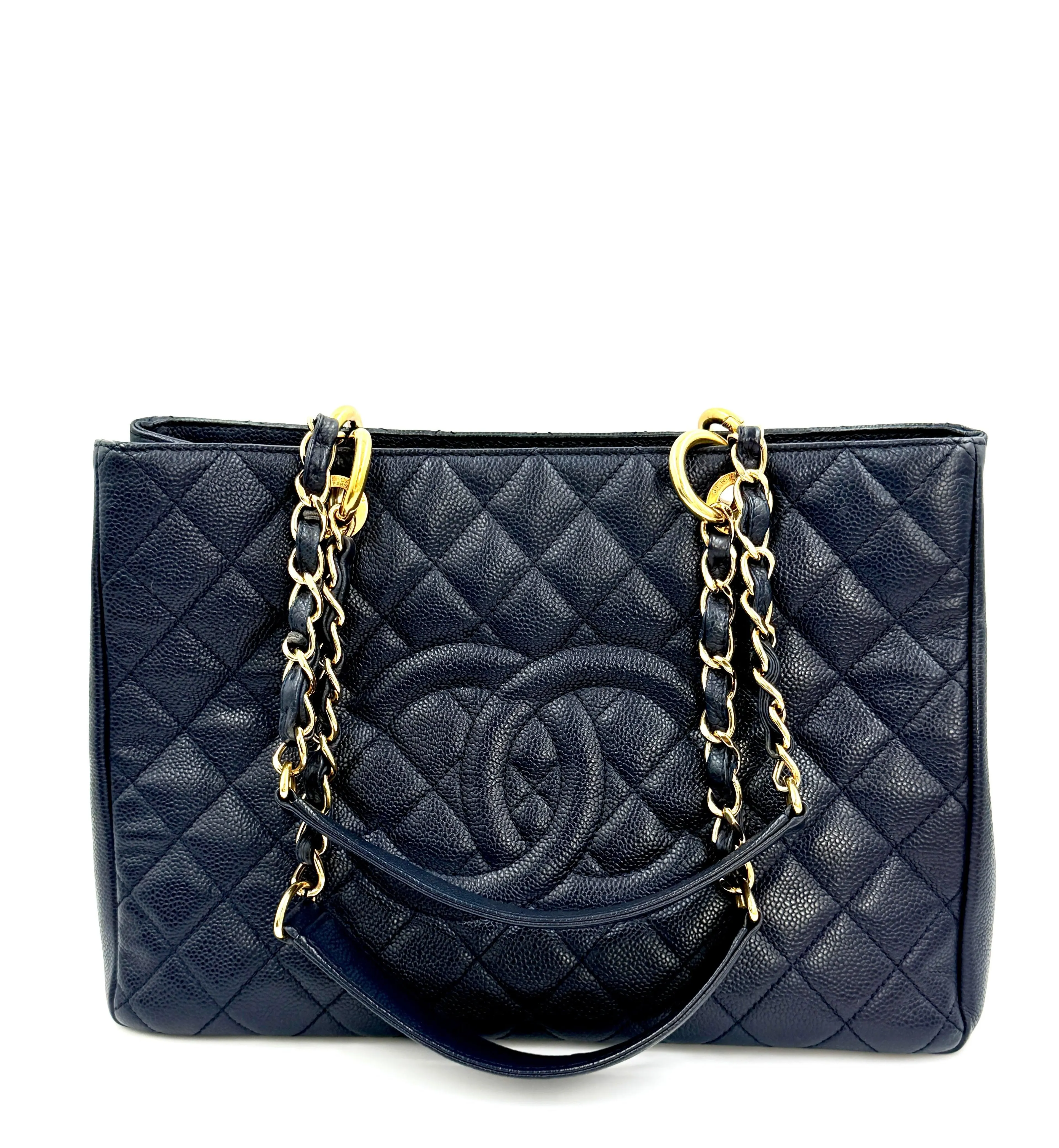 Pre-owned Chanel Navy Blue Caviar GST Grand Shopping Tote Gold Hardware - Authenticated
